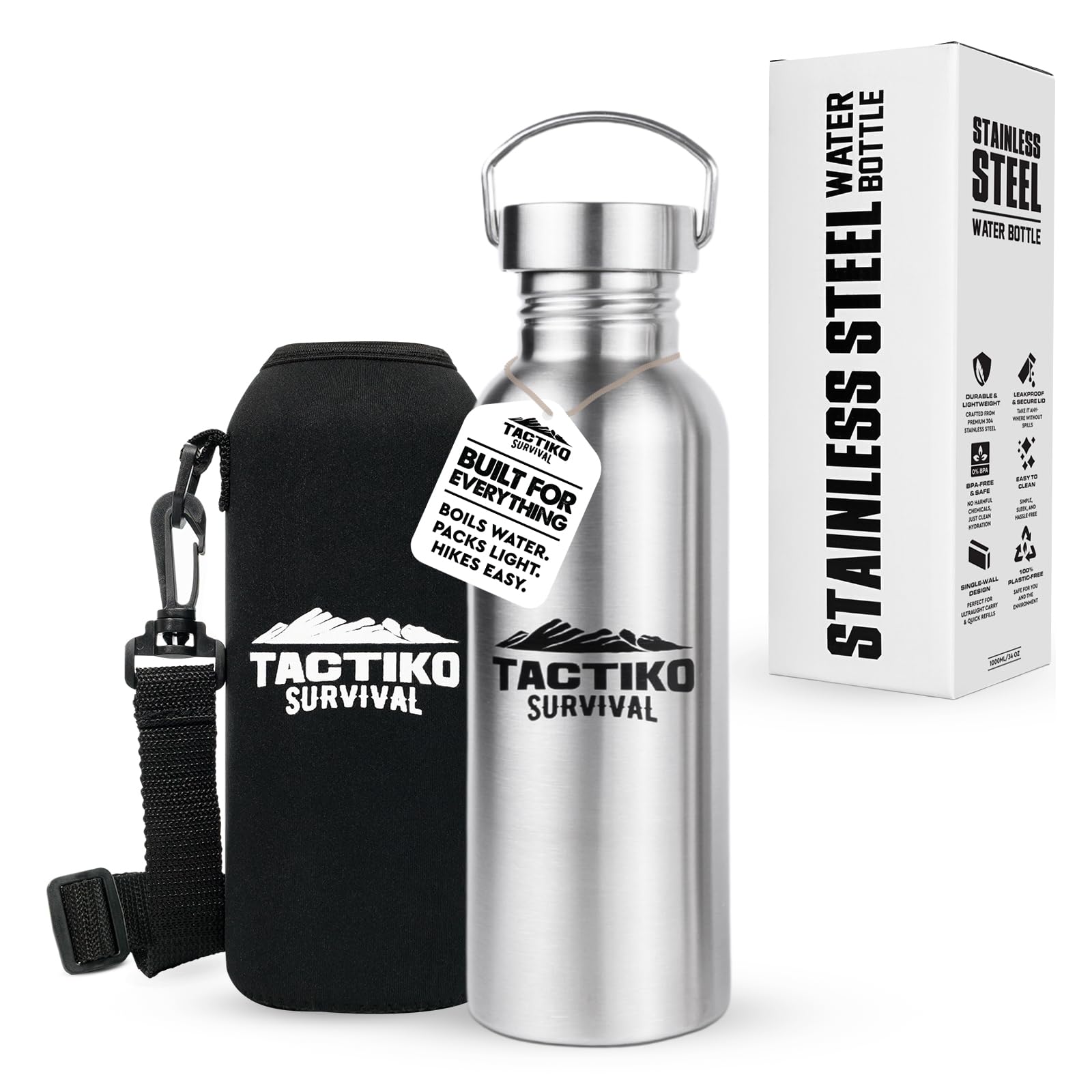 Tactiko Survival 25 oz/750 ml Stainless Steel Wide Mouth Water Bottle, Single Wall Boil-Safe, Leakproof, BPA-Free with Carry Sleeve and Strap for