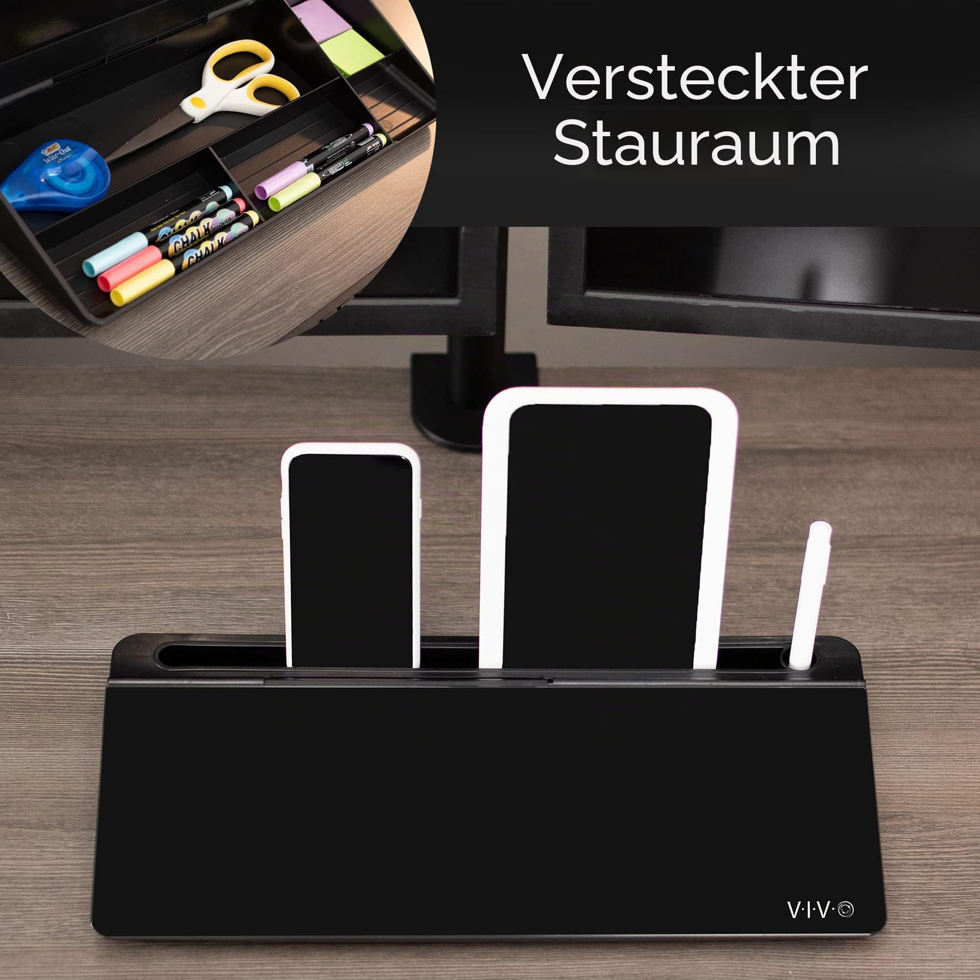 Vivo DESK-WB16B Whiteboard-Organizer aus Glas, 40,6 x 17,8 cm, trocken abwischbar, Schreibtisch-Whiteboard-Organizer mit versteckten Fächern und Geräteschlitz, Schwarz