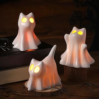 Mumufy 3 Pcs Ceramic Ghost Cat Halloween Candle Holders Cute Spooky Halloween Candlestick Desktop Ornament Decor Small White Ghost Figurine for Desk Tabletop Centerpieces Decoration Indoor