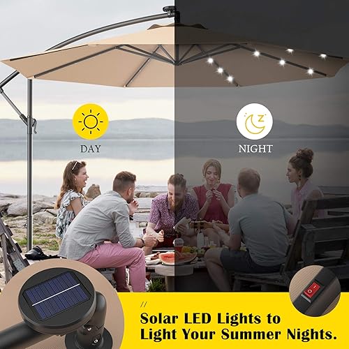 Miniatura 7 de Tangkula Sombrilla solar de 10 pies para patio al aire libre con luz LED, sombrilla de mercado con cubierta colgante y base cruzada (beige)