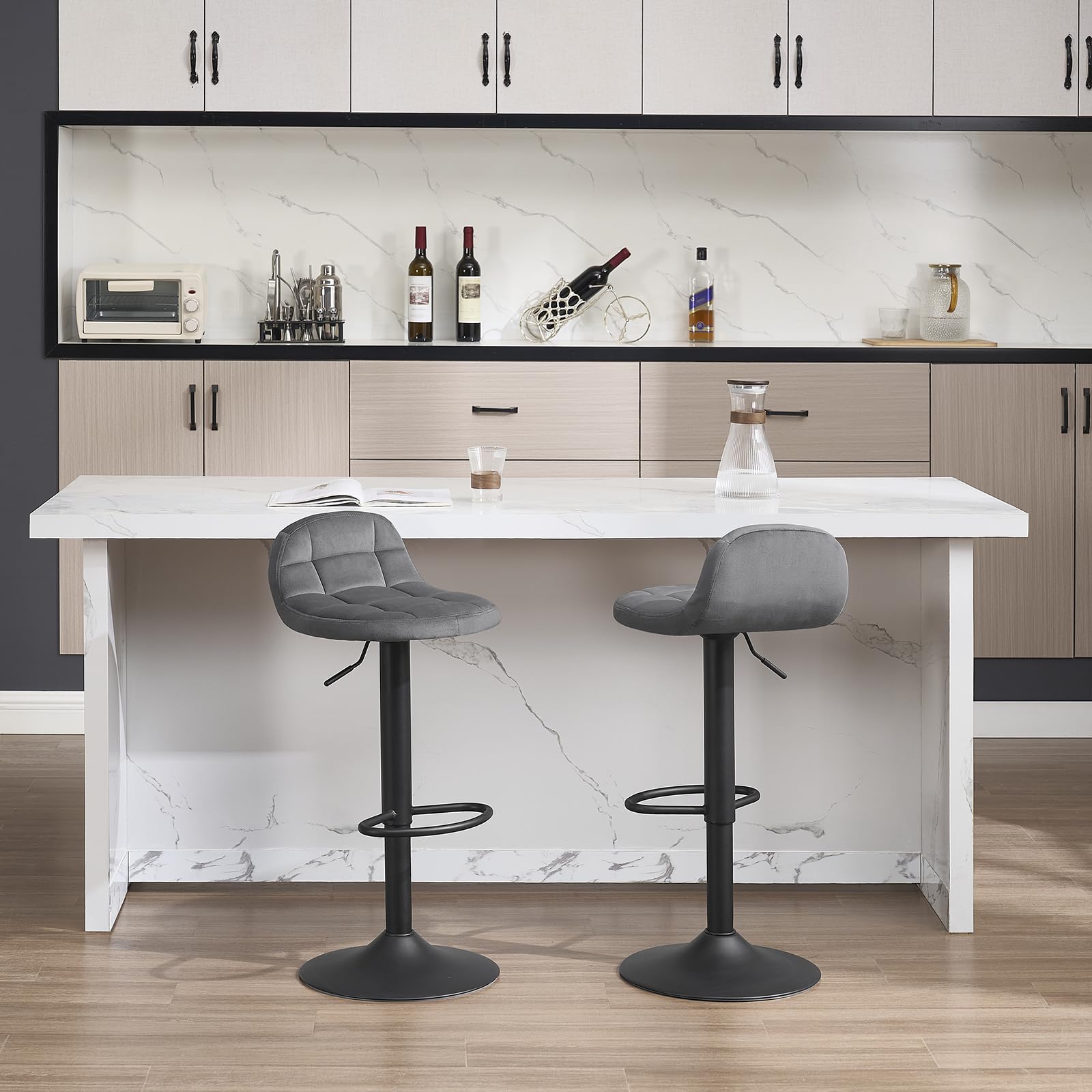 WOLTU Barhocker 2er Set, mit Rückenlehne, Samt, Dunkelgrau | Barstuhl mit Fußstütze, höhenverstellbar (60-82cm), 360° Drehstuhl, für Küche, Bar Metall