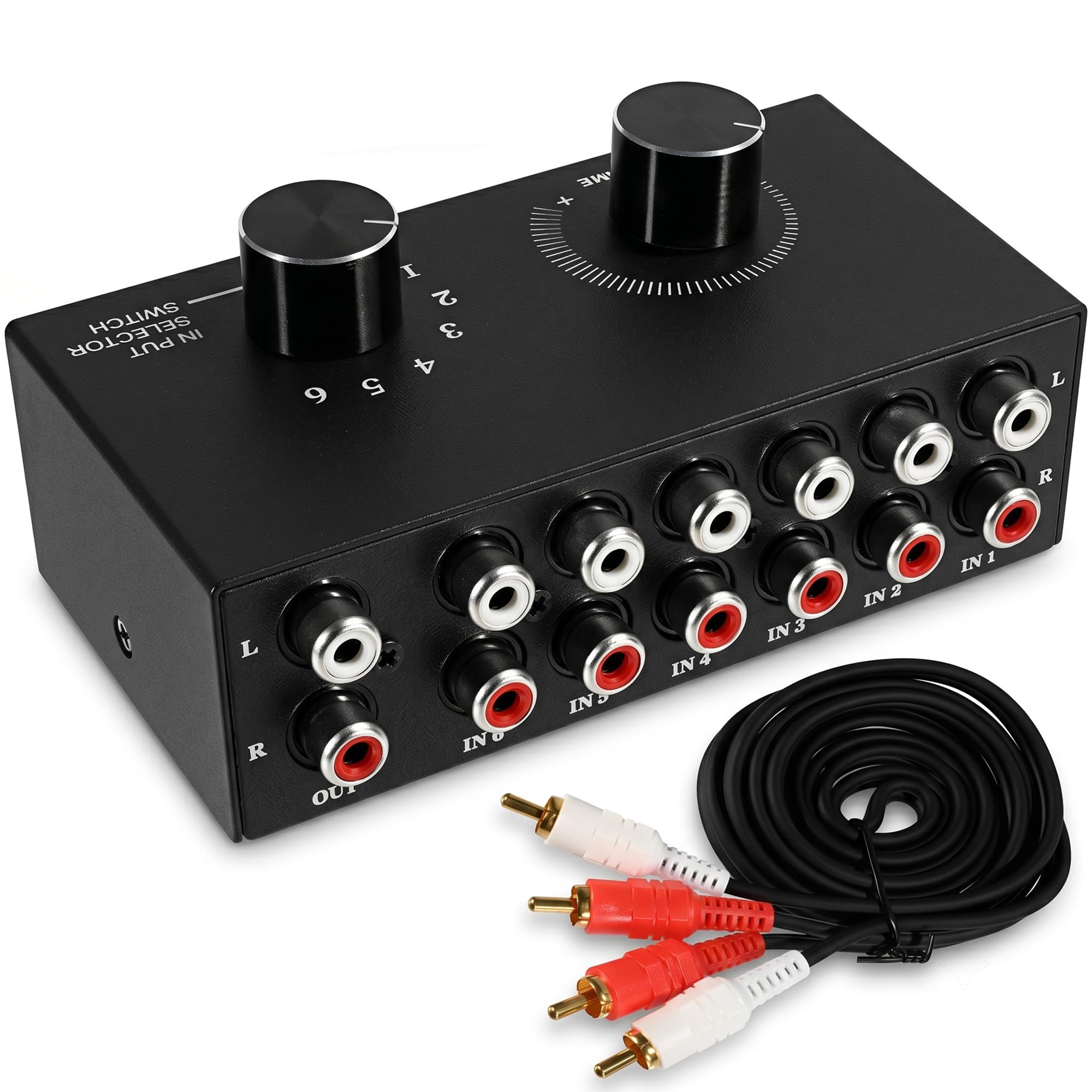 Conmutador de audio RCA, selector de audio 6 en 1, caja de selección estéreo pasiva de 6 canales, caja de metal, Plug and Play, control de volumen para sistemas de alta fidelidad