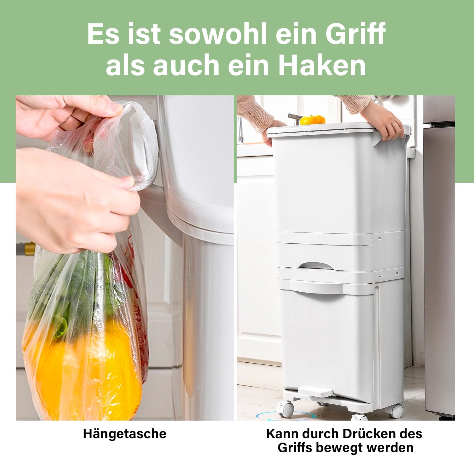 Genérico Cubo de basura de cocina de 42 L con 3 compartimentos, cubo de reciclaje grande de pp, sistemas de separación de residuos, cubo de basura con pedal, tapa con ruedas y asa para cocina