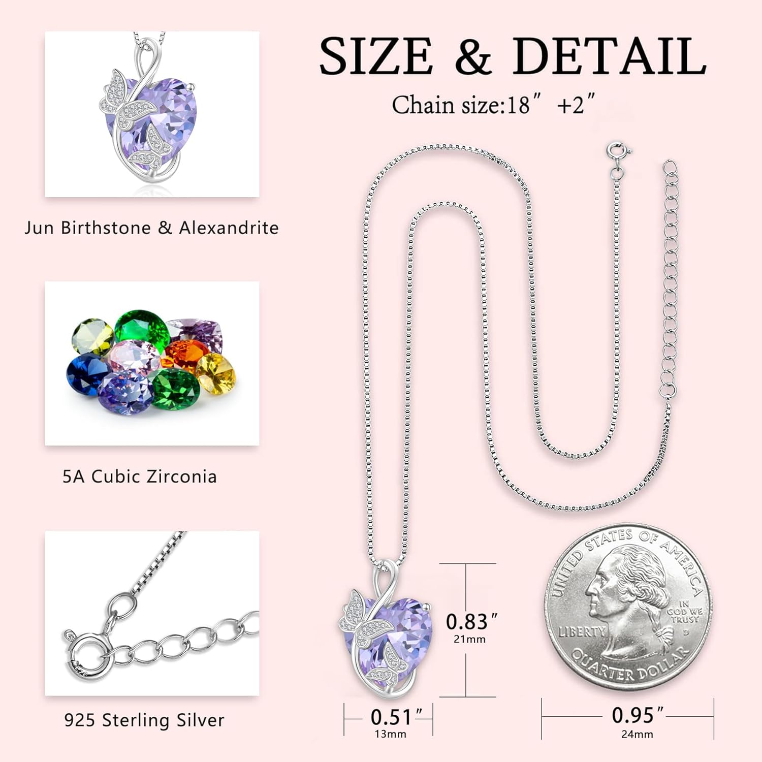 Women's Butterfly Heart Birthstone Pendant Necklaces 925 Sterling Silver 5A Cubic Zirconia Jewelry Gifts,Christmas Anniversary Birthday Gifts for Her - Image 5