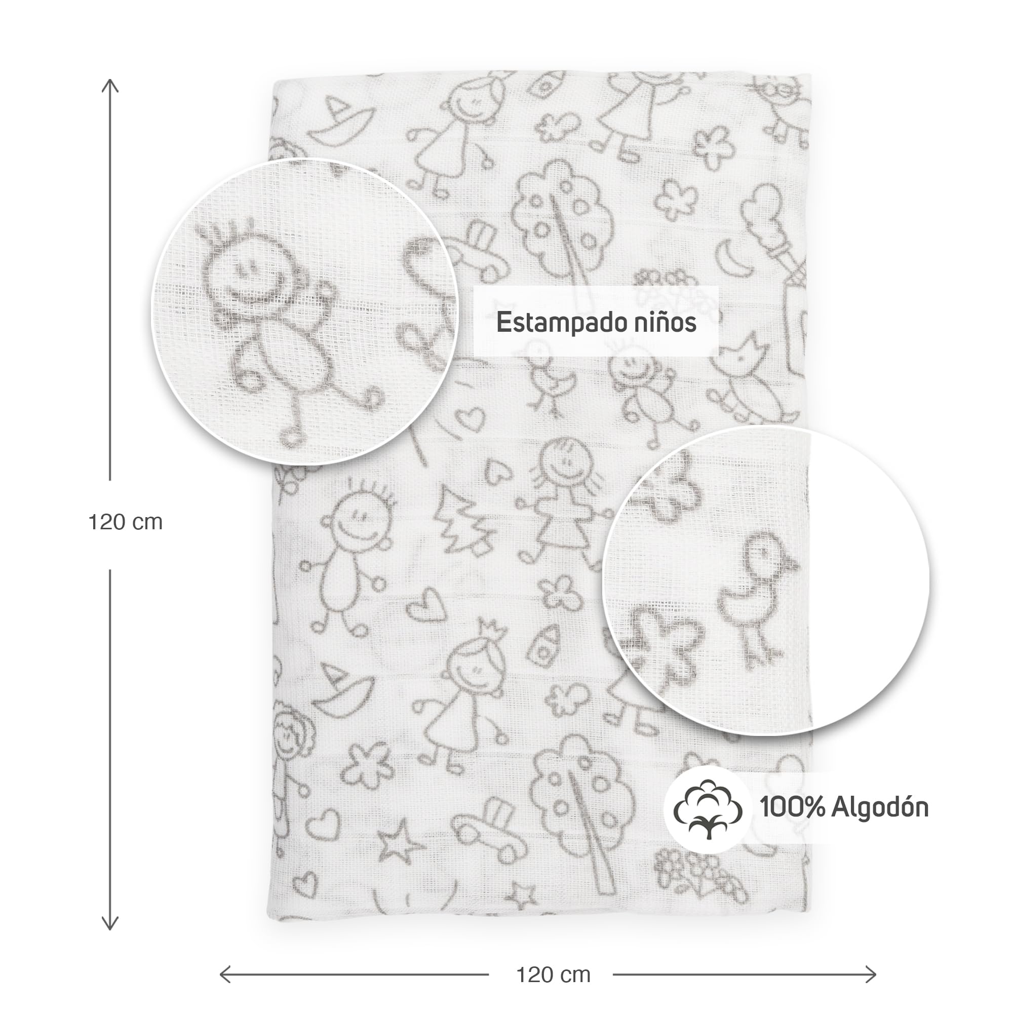 Ti TIN Muselina 100% Algodón 120 x 120 cm, Transpirable, Ligera y Suave, Ideal para bebés de 0-36 Meses, fácil Lavado y Secadora, Fabricada en España, Estampado de Dibujos de niños Color Gris