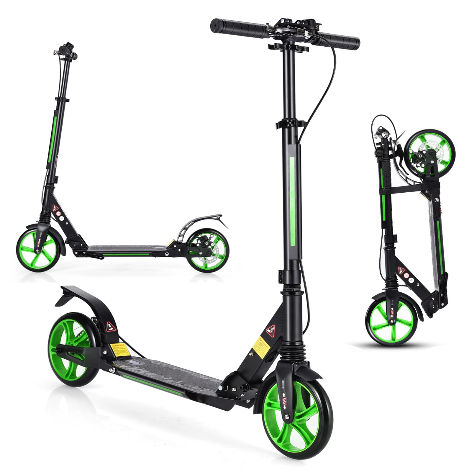 KOMFOTTEU Patinete Plegable con 2 Ruedas con Freno, Scooter con 3 Alturas Regulables, Patinete Infantil con Carga 100 kg, Monopatín con Timbre y Correa, para Niños 8+ y Adultos