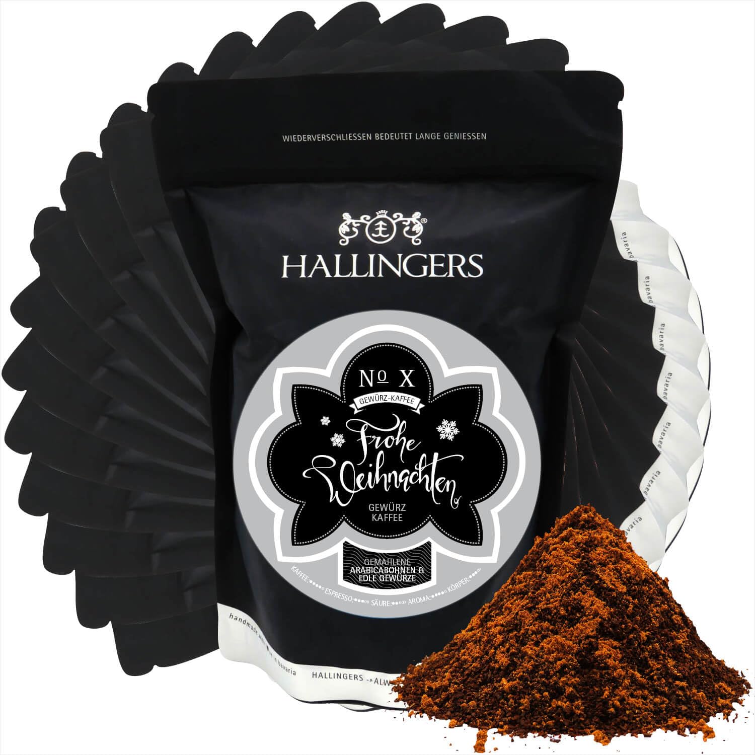 Hallingers Genuss Manufaktur Würz-Kaffee Weihnachts-Geschenk-Set - schonend langzeitgeröstet bei niederen Temperaturen gewürzt 10x "Weihnachtskaffee", Weihnachten für Frauen Männer