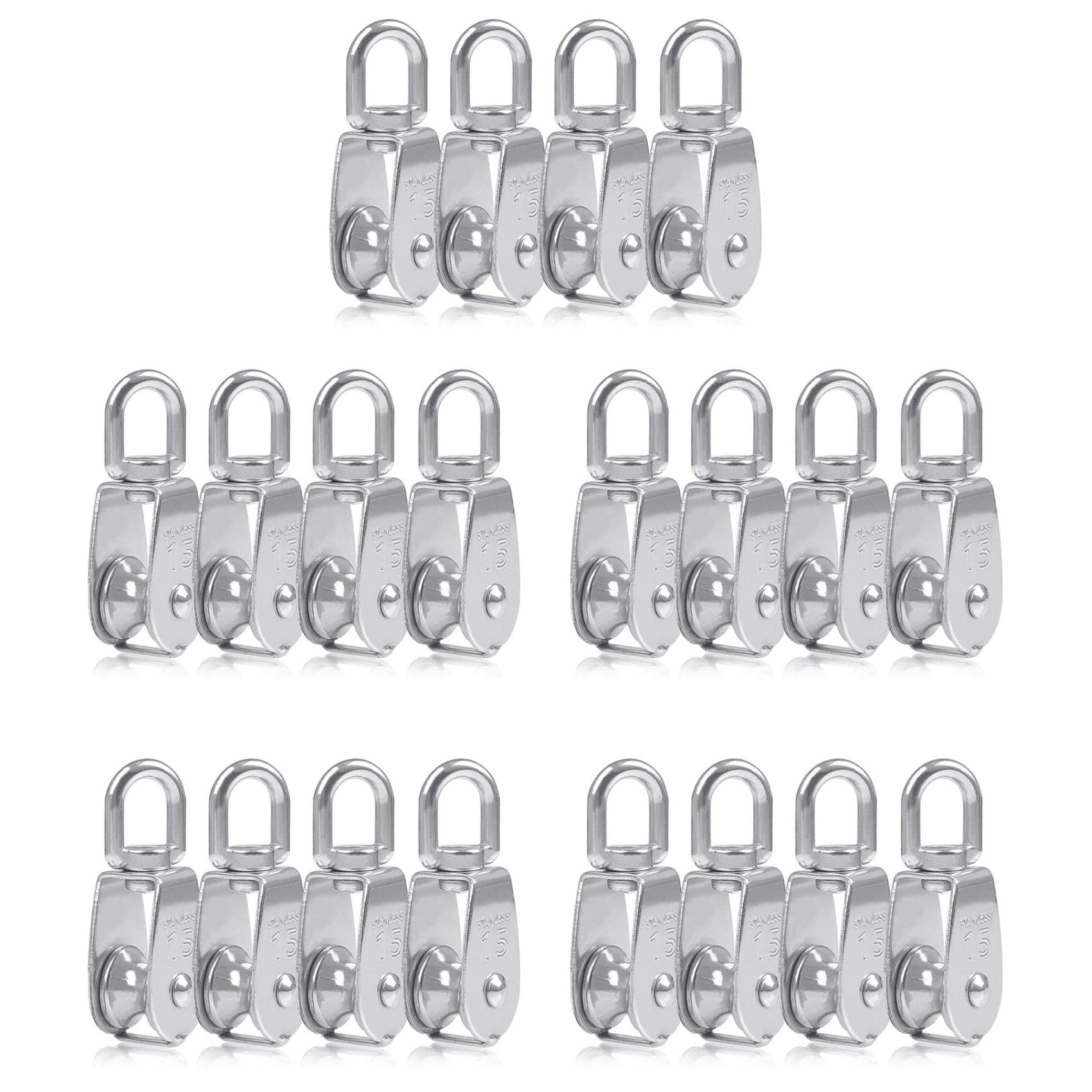 Jnchdghwa Silver 20Pcs Single Pulley Block M15 Stainless Steel Small Pulley Roller For Rope Cord In °Swivel Pulley