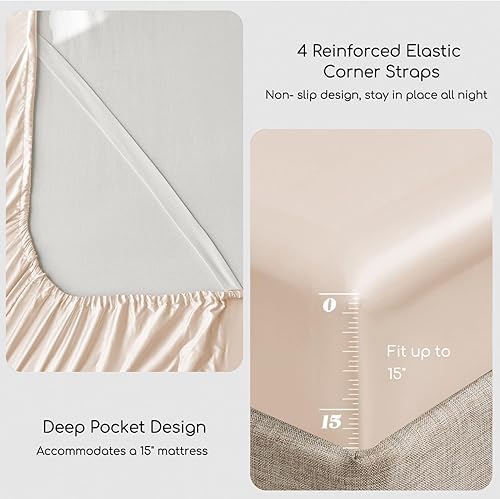 Miniatura 5 de MR&HM Sábanas de satén de tamaño individual, juego de ropa de cama sedosa de 3 piezas con bolsillo profundo de 15 pulgadas para colchón (individual,