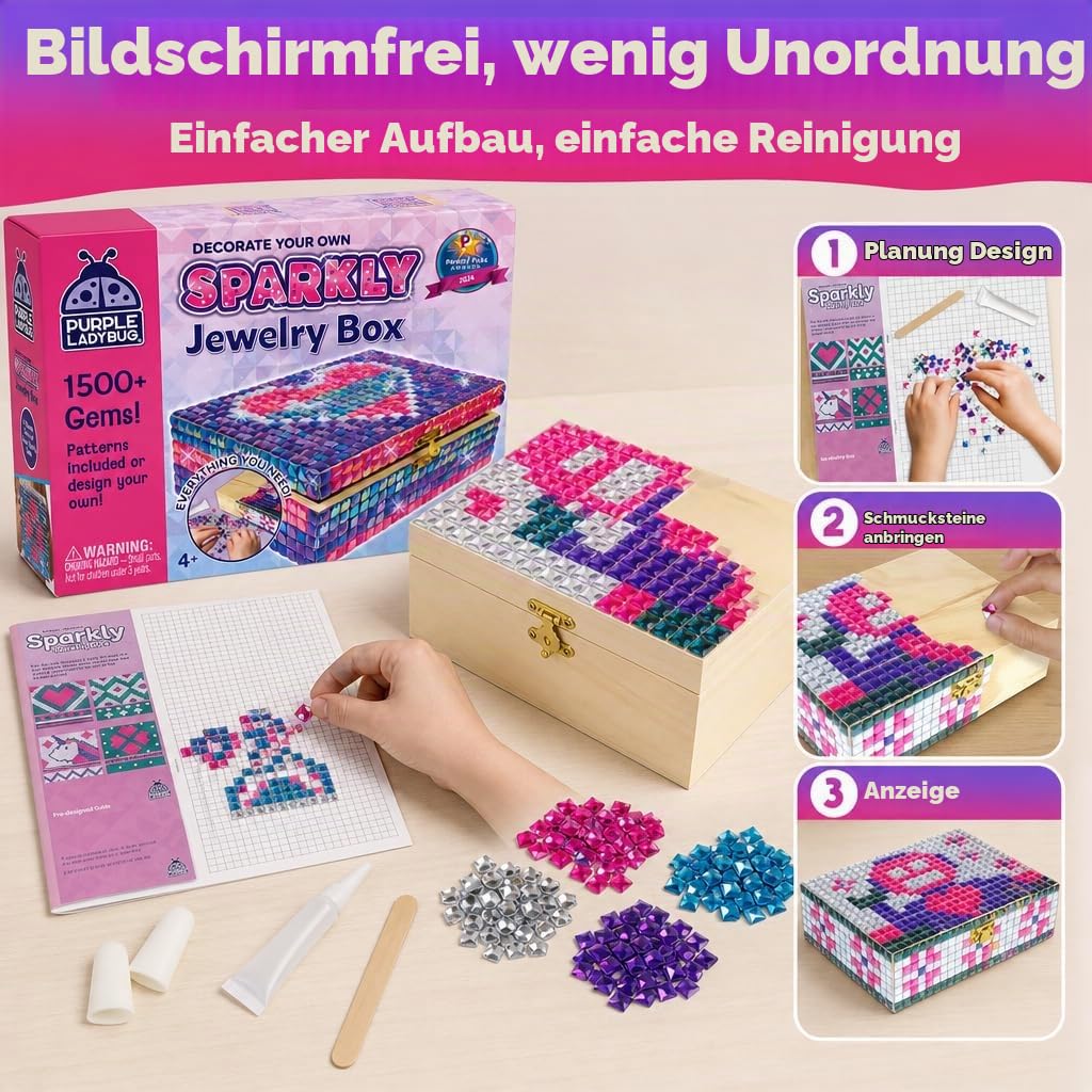 PURPLE LADYBUG Schmuckkästchen Mosaik Bastelset - Geschenk für Kinder ab 6 Jahre, Geschenk für Mädchen 7-14 Jahren, Bastelset für Teenager und Mädchen ab 10 Jahre - Kreatives DIY Geschenke
