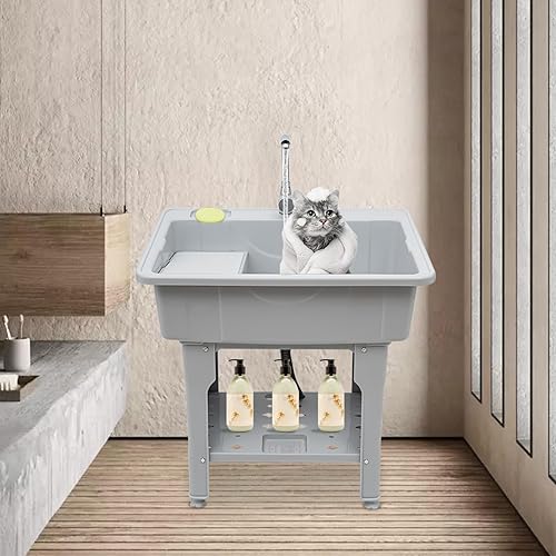 Miniatura 3 de Fregadero de plástico independiente, espacioso lavabo gris con tabla de lavar y grifo para sótano, garaje o cuarto de lavado interior y exterior