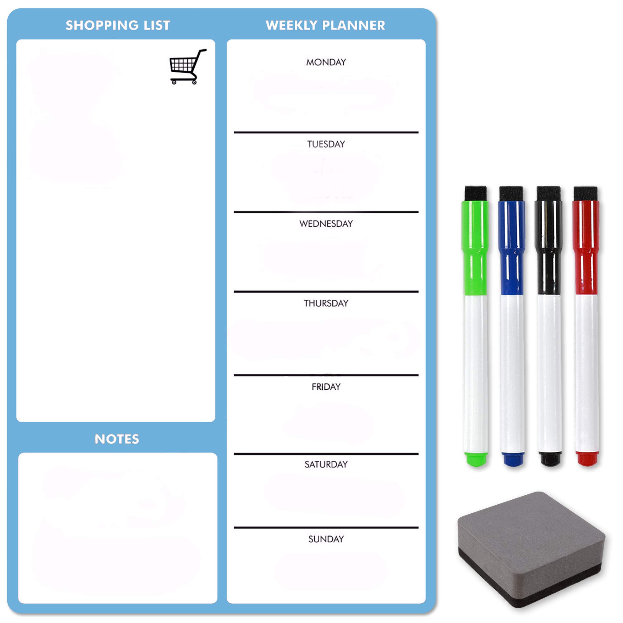 TMS A4 Magnetic Weekly Planner for Fridge | Dry Erase Memo Board, Blue Whiteboard | Dry Wipe Meal Planner, Calendar and Shopping List for Kitchen or Office | for Notes and Daily Reminders (Blue, A4) โ image 1