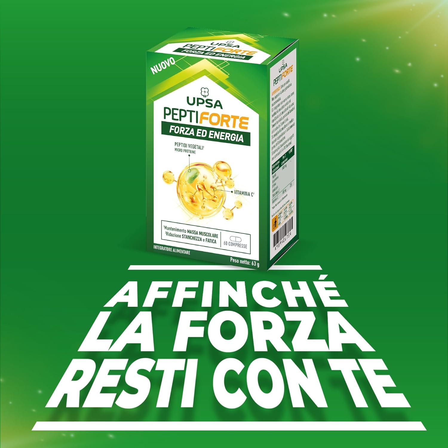 UPSA PeptiFORTE Forza ed Energia, 120 Compresse, Integratore Alimentare con Peptidi Vegetali e Vitamina C, Mantenimento della Massa Muscolare, Senza Glutine, Vegan, 2 Confezioni