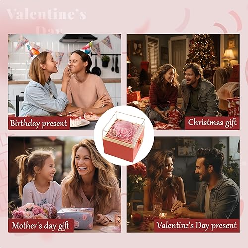 Miniatura 6 de HIAGROW Caja de regalo de rosa eterna, rosa roja preservada con collar, rosa roja para siempre con collar de corazón plateado, regalo de flores para