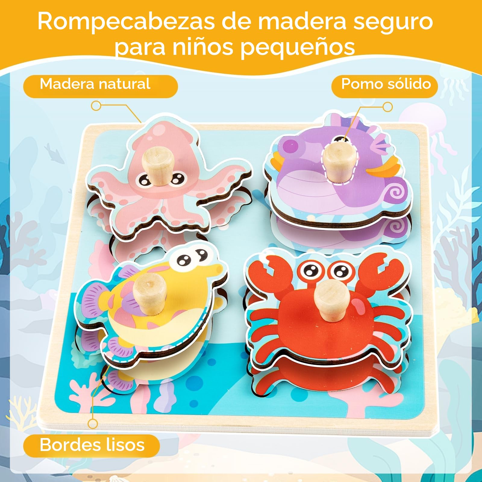 Puzzle Madera 1 2 Año, 4Pcs Puzzles Infantiles de Madera con Mango, Juguetes Montessori Bebe Puzzles Animal Frutas Educativos Rompecabezas Juguetes Regalo Navidad para Niños de 2 3 Años
