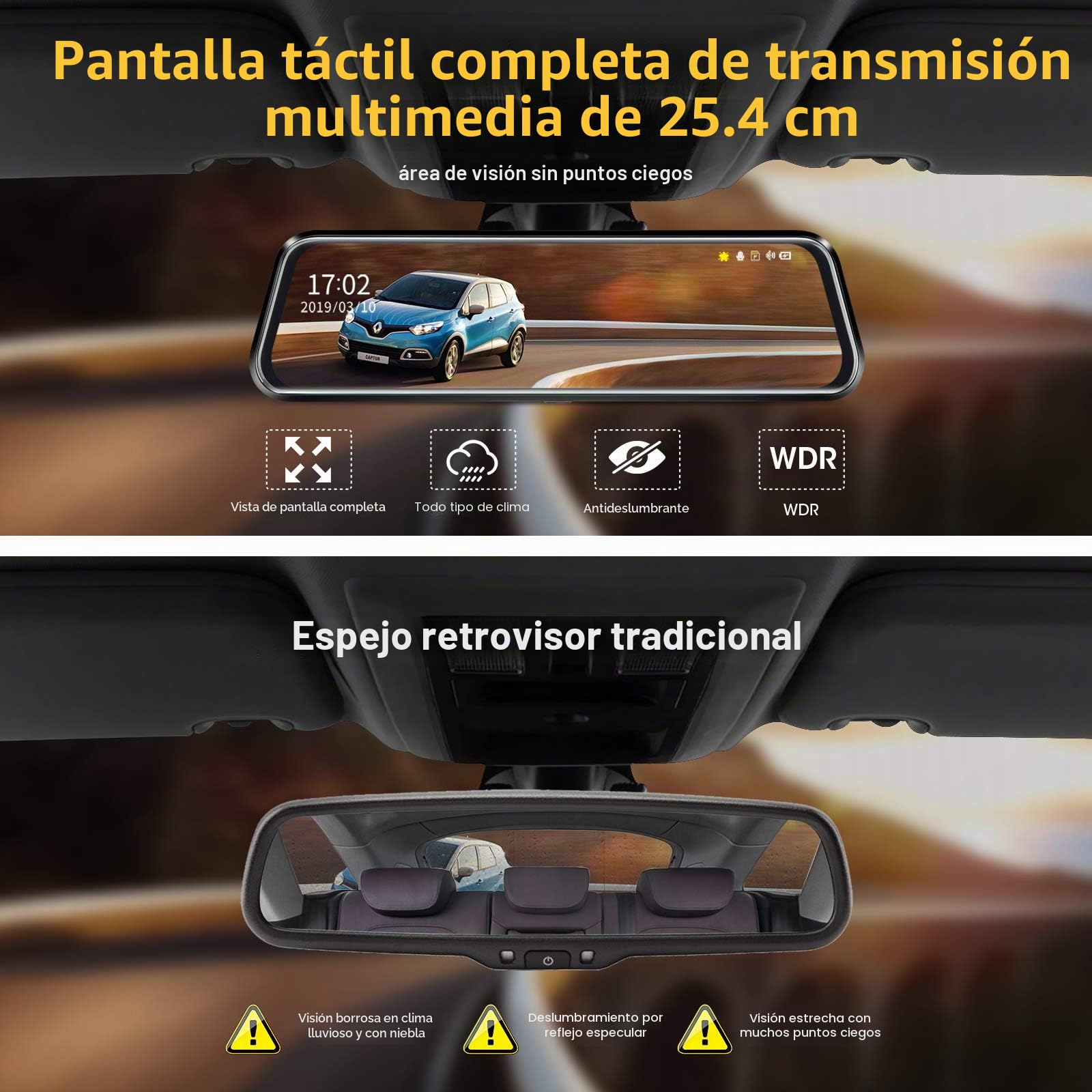 Cámara de salpicadero con espejo de 10 pulgadas, visión nocturna 1080P FHD, pantalla táctil completa, cámara de respaldo para coches, grabación en bucle, medios de transmisión, gran angular de 170°