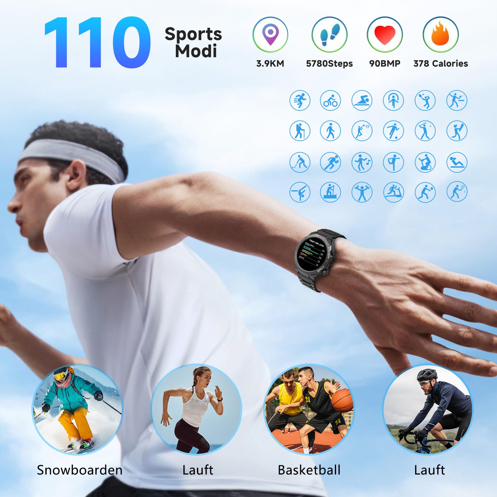 Montre Connectée pour Homme avec Fonction Téléphone Bluetooth | Montre Intelligente Ronde avec Podomètre, Moniteur de Fréquence Cardiaque, Moniteur Sommeil, 112 Modes Sportifs, Étanche IP68