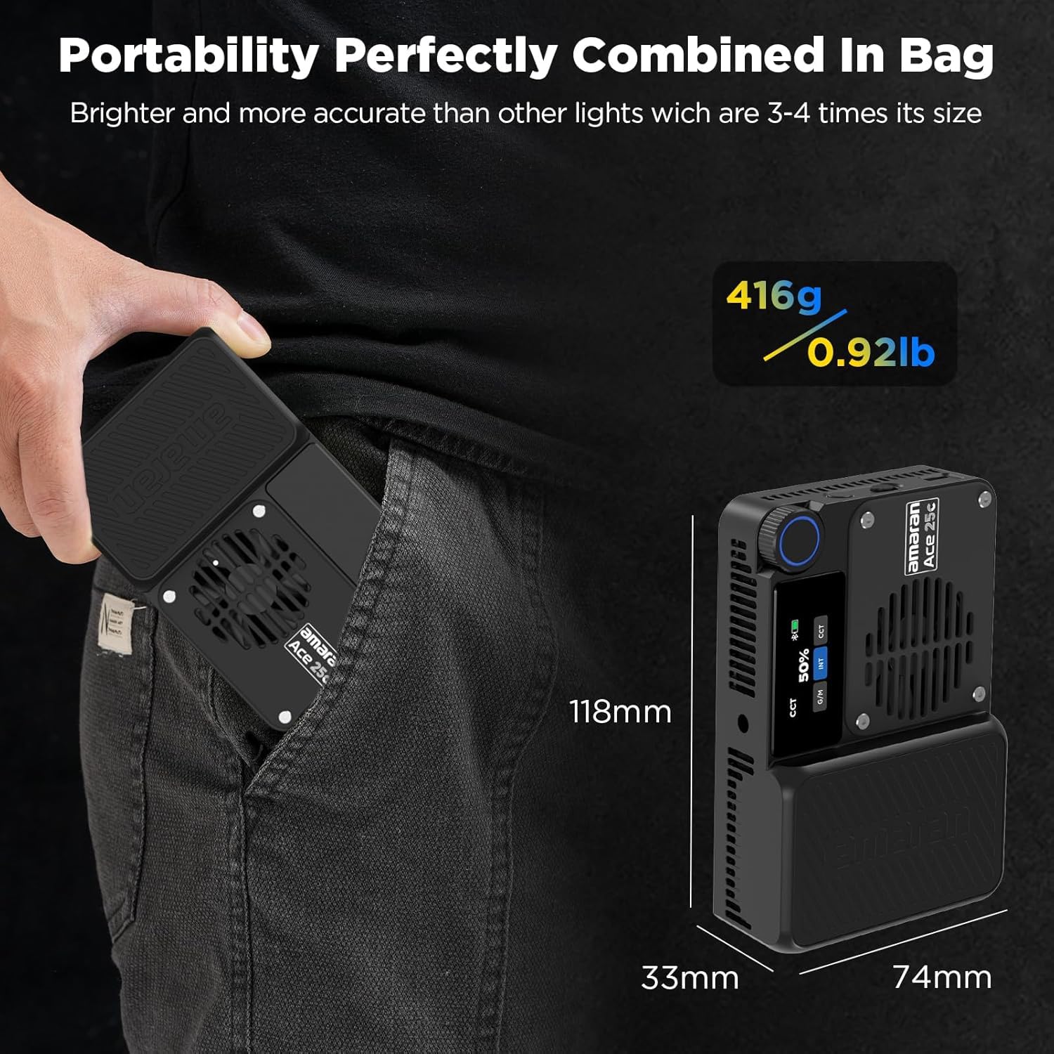 Amaran Ace 25c Kit RGB Video Light,25W on Camera Pocket Video Light CCT 2300k-10000k, 5,908 lux @ 0.5m Illumination,with Rechargeable Battery and PD Charging (Charcoal)