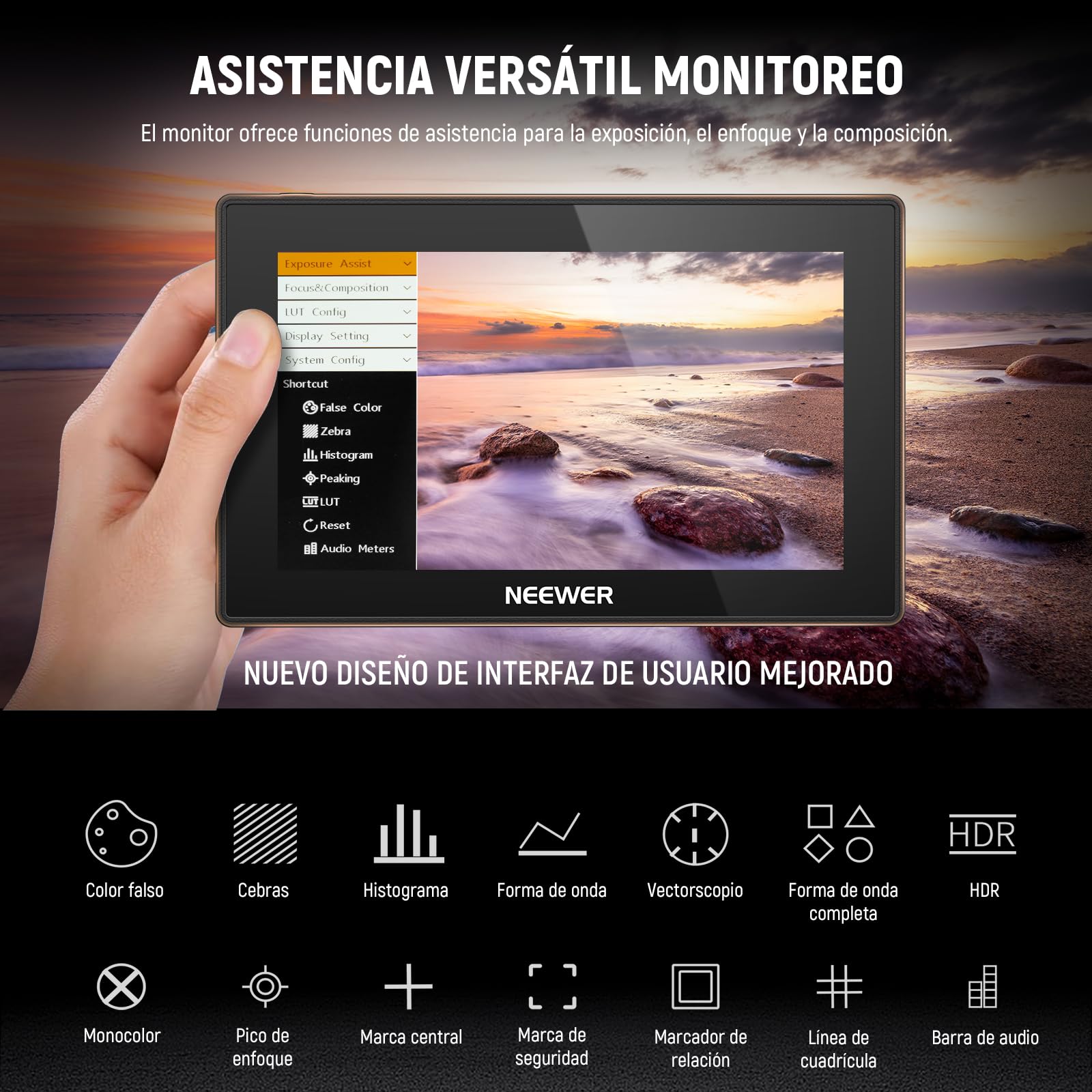 NEEWER Monitor de Campo para cámara de 5,5", 2000 nits HD 1920x1080 IPS con Pantalla táctil, 4K HDMI Loop in/out con 3D LUT, Enfoque máximo, Asistencia de vídeo DSLR, Onda de Forma HDR, batería de