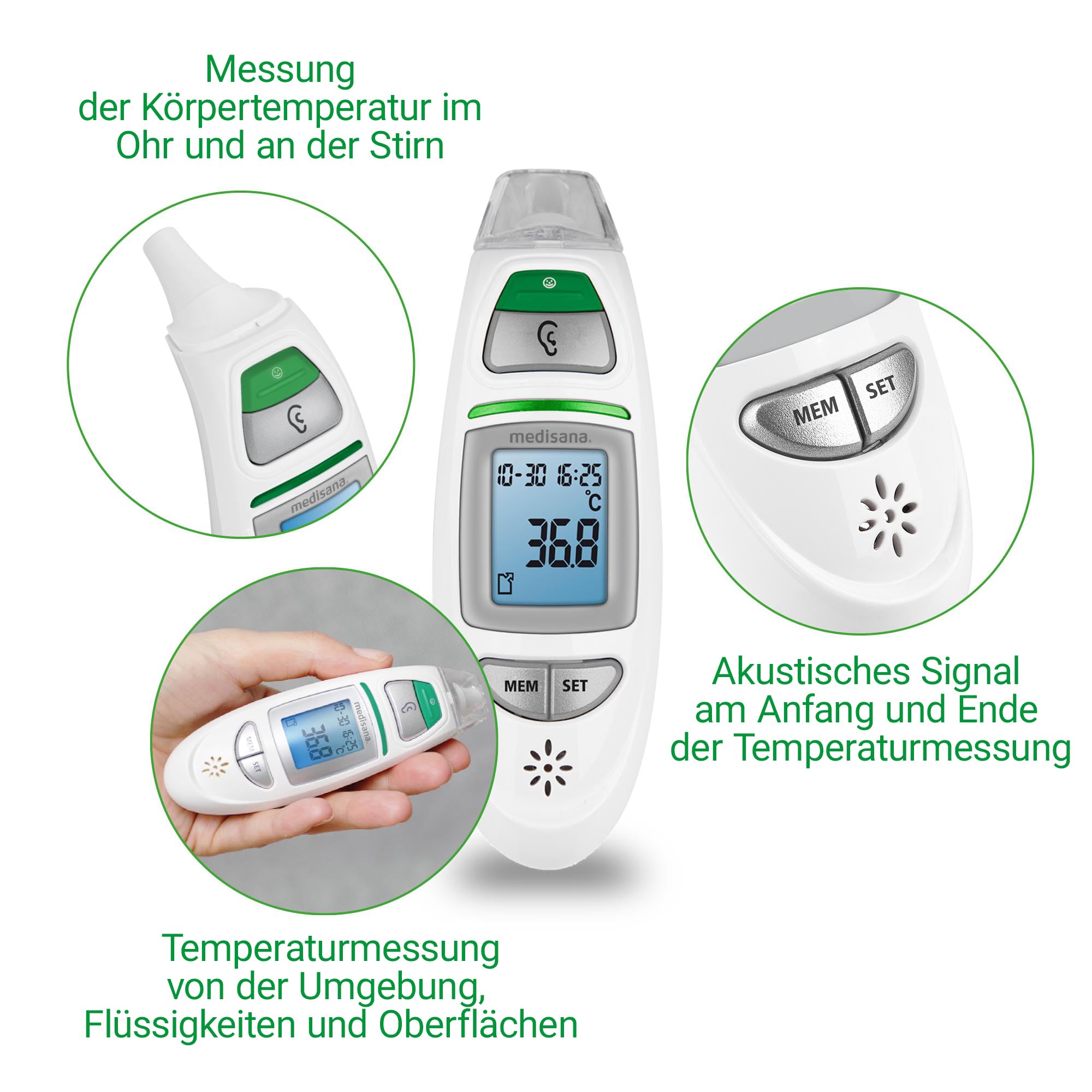medisana TM 750 Fieberthermometer 6in1, Stirnthermometer für Baby, Kinder und Erwachsene, Ohrthermometer mit visuellem Fieberalarm, Thermometer digital mit Speicherfunktion, Messung von Flüssigkeiten