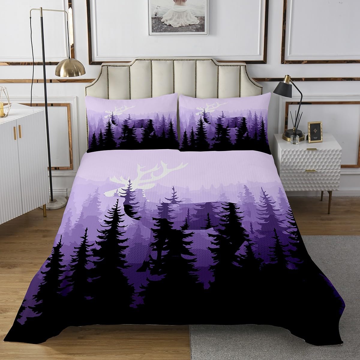 Deer Coverlet Set Kids Botanical Forest Bedspread Boys Girls Decor Deer Hunting Quilted Coverlet Microfiber Farmhouse Wild Animal Purple Quilted 3Pcs King Size