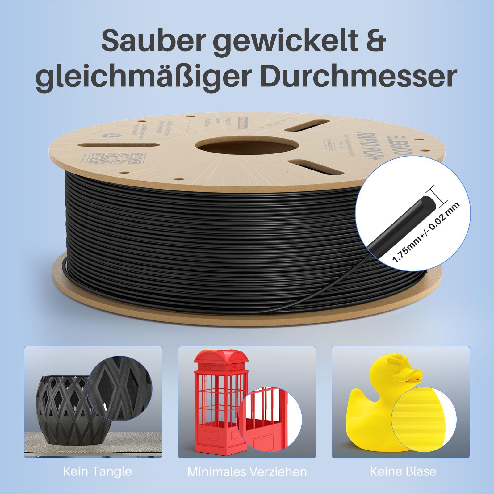 ELEGOO High Speed PLA+ Filament 1.75mm Schwarz 4 KG, Rapid PLA Plus 3D Drucker Filament, 600 mm/s Hochgeschwindigkeitsdruck, Maßgenauigkeit +/-0,02mm