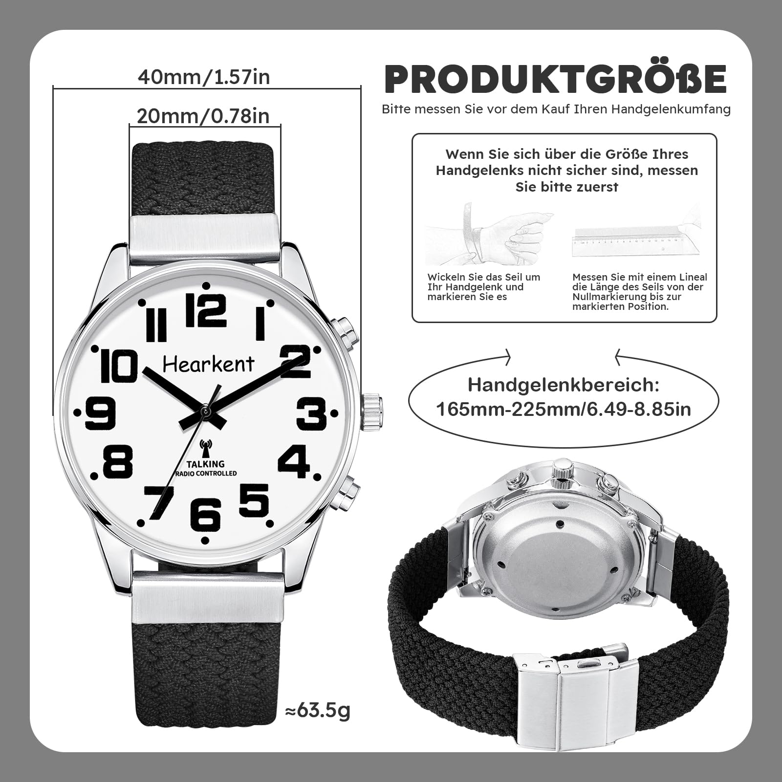Hearkent Sprechende Uhr,Deutscher Stimme,Funkuhr Armbanduhr.Großen Zahlen | Selbsteinstellend für Sehbehinderte,Blinde oder Senioren Armbanduhr, Herrengröße-2309M