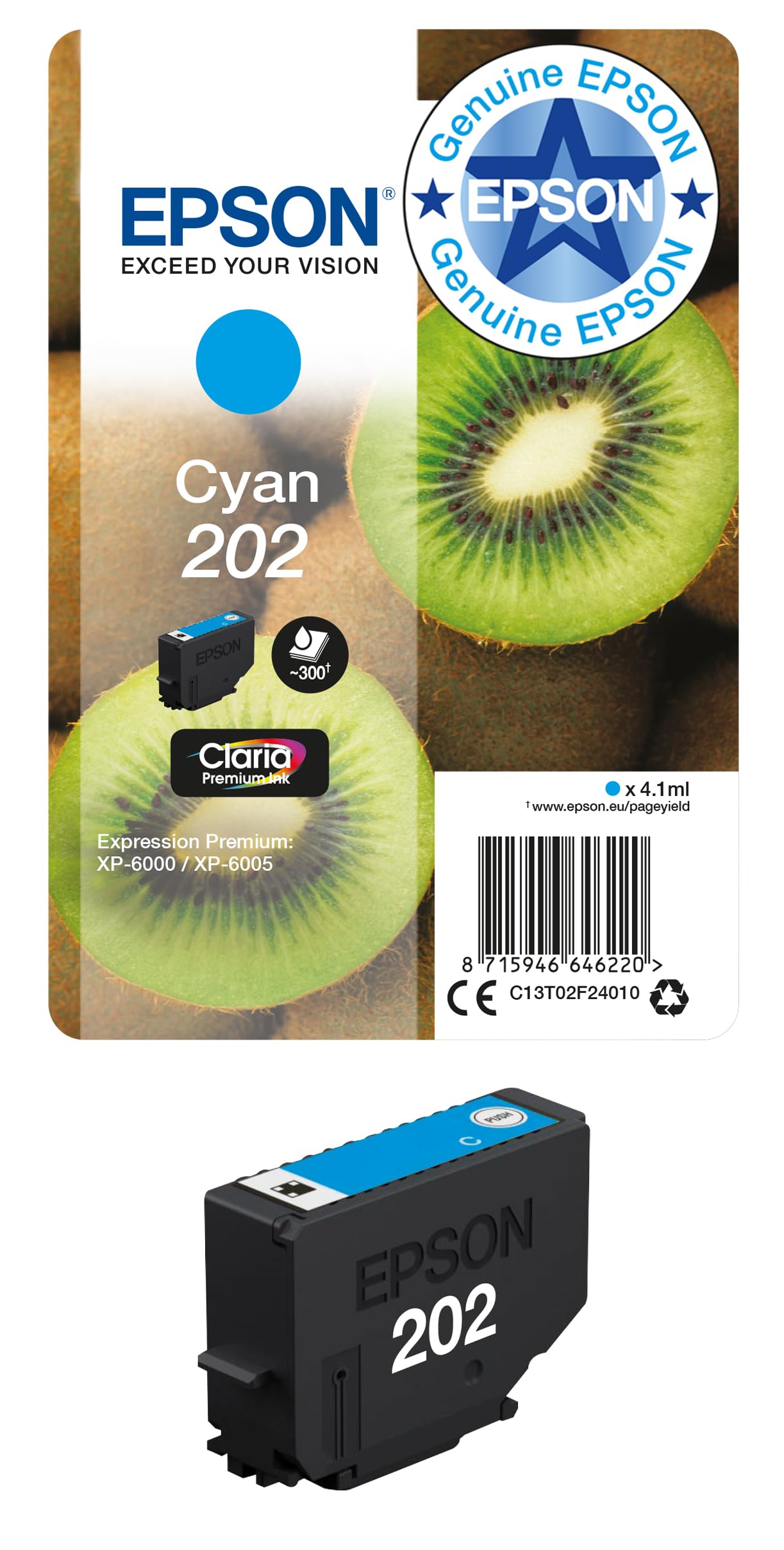 Epson C13t02f24010 (202) Ink Cartridge Cyan, 300 Pages, 4Ml Blue 8715946646220