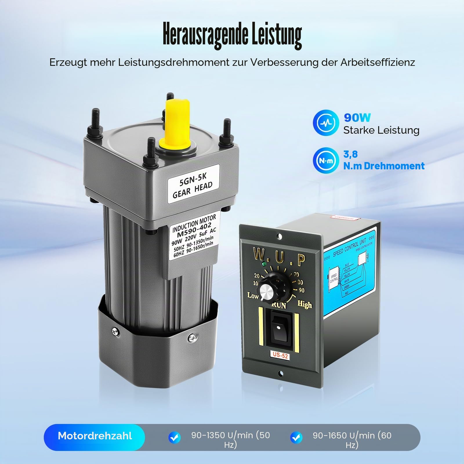 220V 90W AC Getriebemotor, Wechselstrom Elektromotor, Einphasig Getriebemotor, Mit Drehzahlregler 0-270RPM, Gear Motor, für Verpackungs, Druck- und Baumaschinen