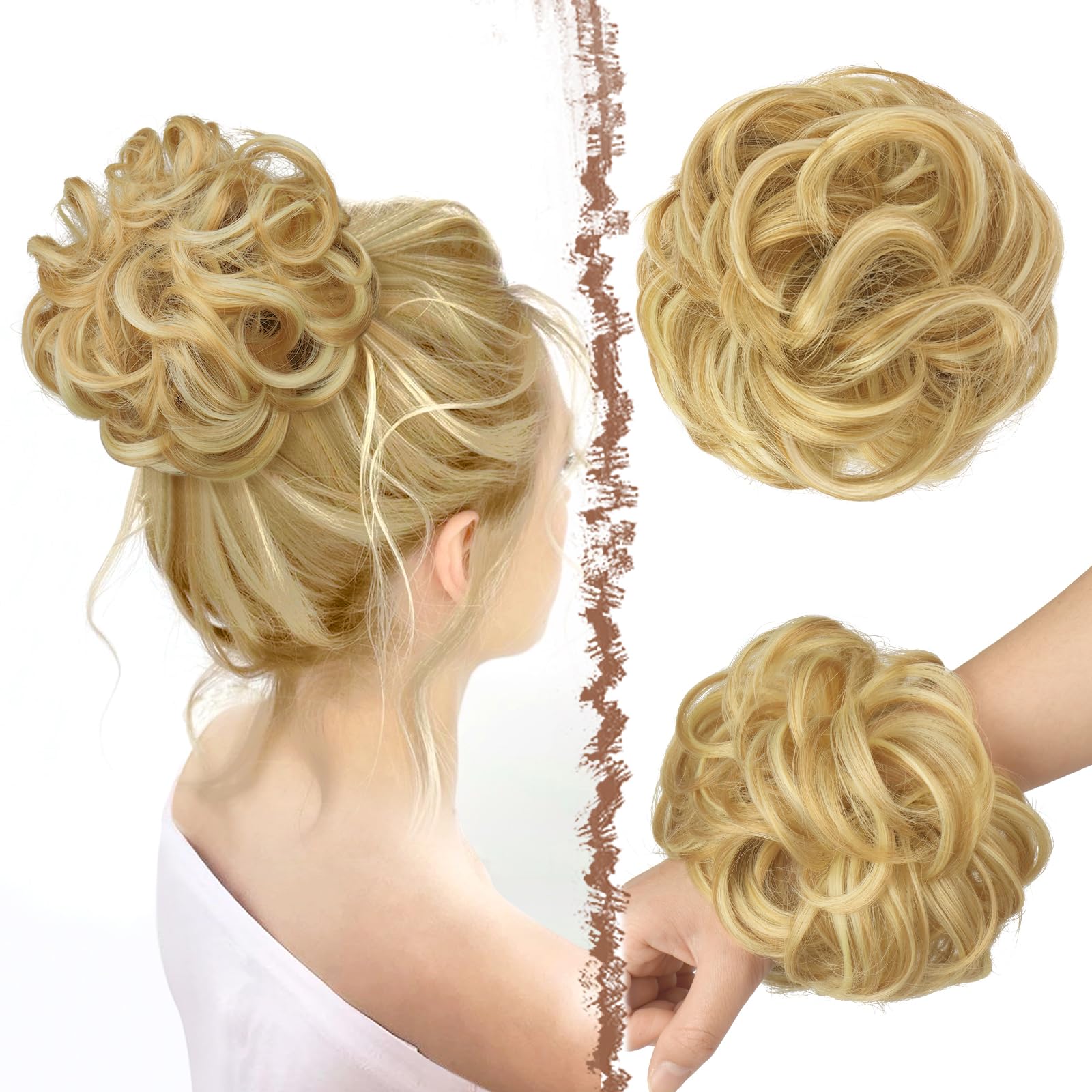 FESHFEN Messy Bun Hair Pieces - Large Wavy Curly Elastic Hair Bun Scrunchies Ponytail Extensions Synthetic Chignon Hairpieces for Women, Strawberry Blonde & Bleach Blonde 1.94oz