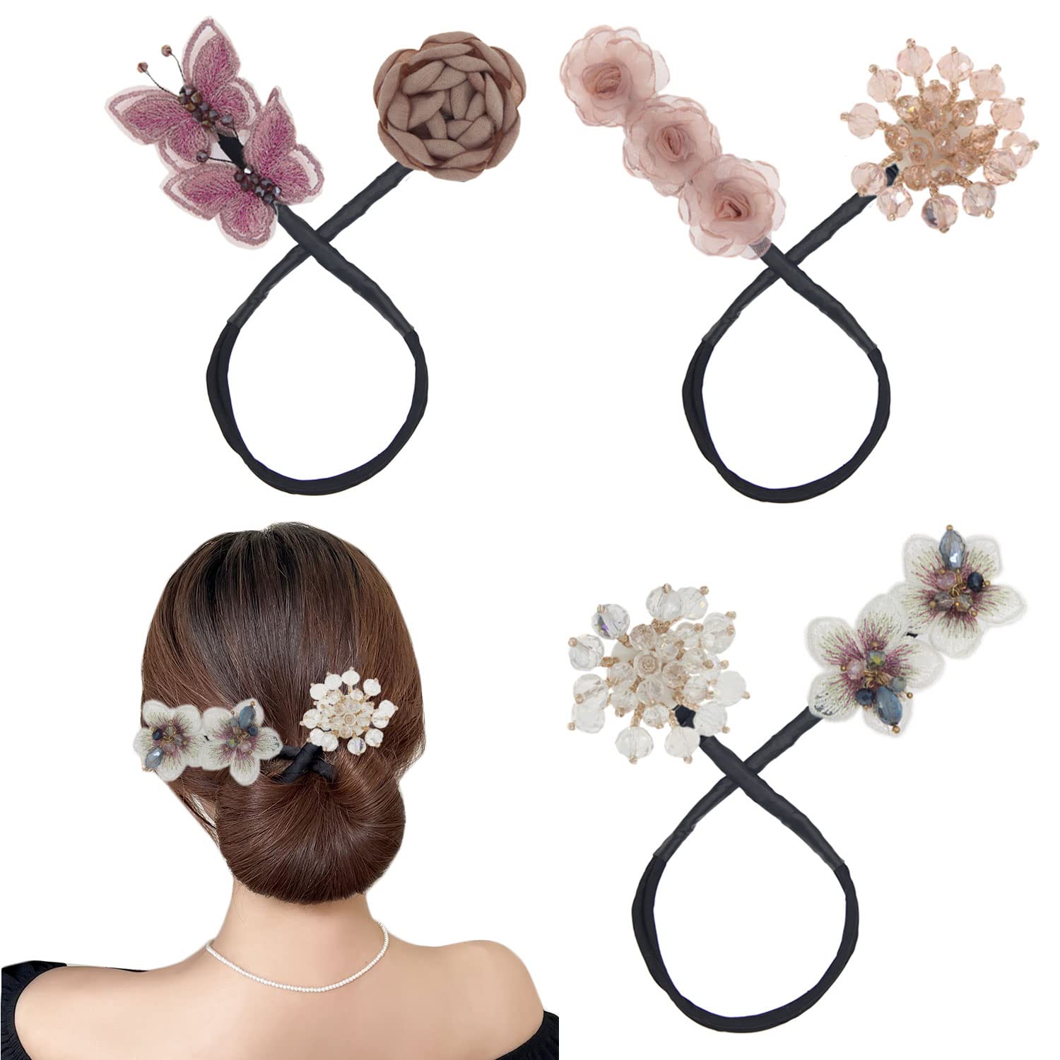 K&Y 3PCS Hair Bun Maker Elegant Flower Butterfly Lazy Hair