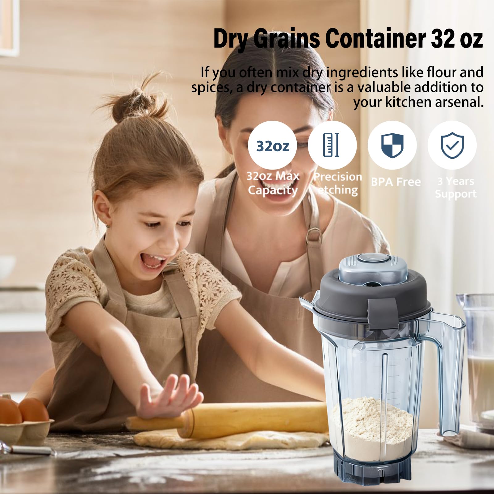 Contenedor de granos secos de 32 onzas con hoja seca compatible con 5200 5000 E310 VM0197 VM0102 VM0103 licuadoras profesionales, molinillo de grano seco, recipiente de molino de grano seco, jarra de