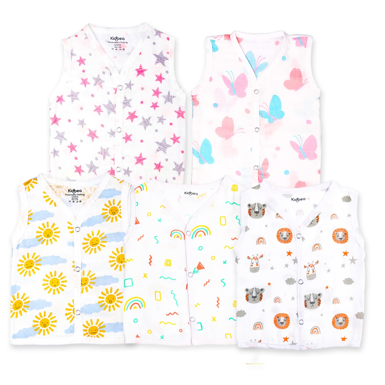 Kidbea® 100% Organic Soft Cotton Muslin Sleeveless Jhabla for Baby Boys | Regular Fit Vest for Infant Summerwear Set I GOTS Certified