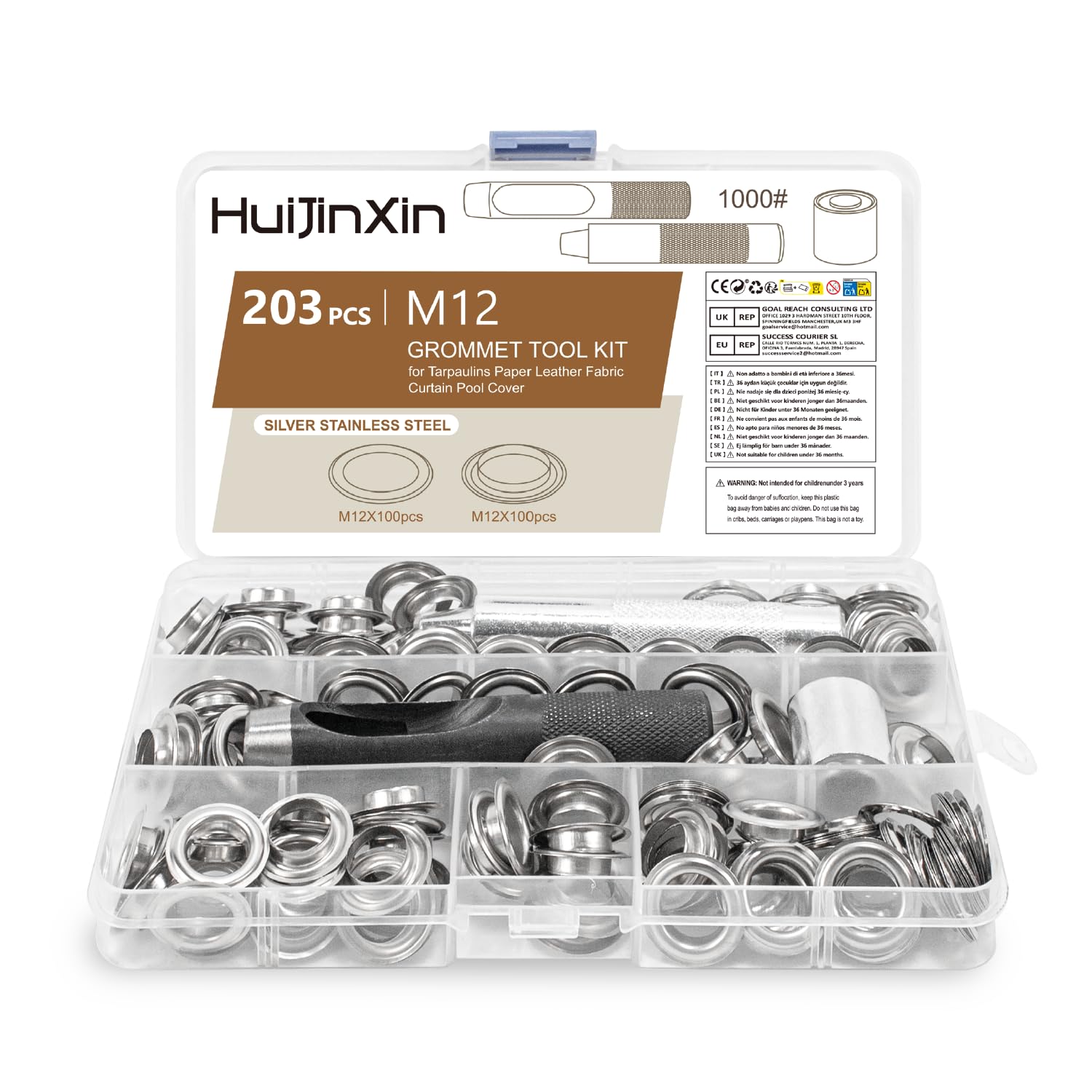 203 Pcs Grommet Tool Kit 12mm, Grommets Eyelet Punch Kit 12mm, Metal Grommets Eyelets and Grommet Punch Tool Kits for Fabric Leather Tarpaulin Belts Curtain Pool Cover DIY