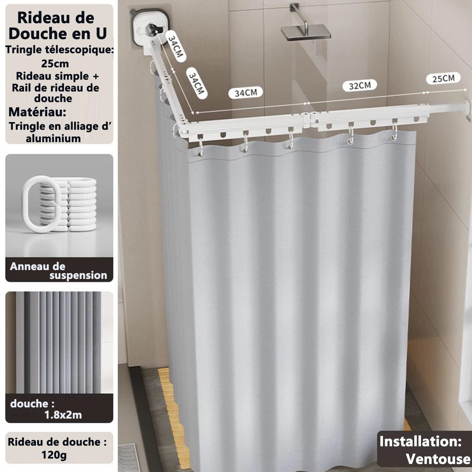 Barre De Douche Pliable, Tringle À Angle Réglable Extensible Avec Anneaux et Ventouses, De Douche Pour Salle De Bain et Baignoire, Sans Perçage (Blanc, 4-fold)