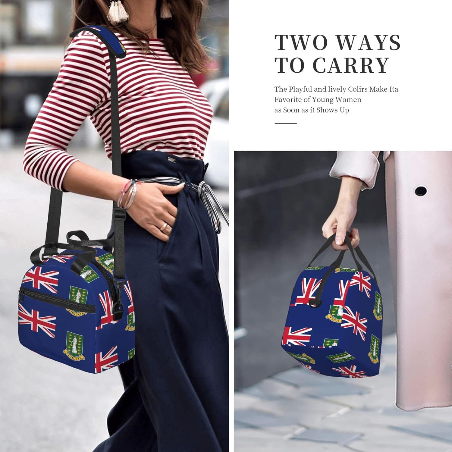 SUNNYEE British Virgin Islands Flag Insulated Lunch Bag Portable Lunch Box Reusable Cooler Tote Bags Sling Organizer with Front Pocket Removable Strap for Office Picnic Camping
