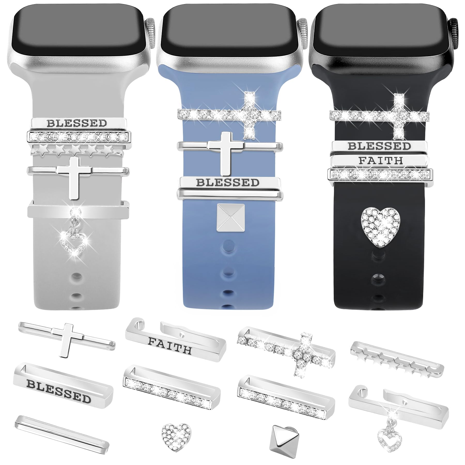 JR.DM 11-Pcs Super Bling Watch Charms with 9-Pcs Decorative Rings Loops 2-Pcs Decoration, Compatible with Apple Watch Band Metal Diamond Sliding Accessories for iWatch Series 11 10 9 8 7 6 5 4 3 2 1