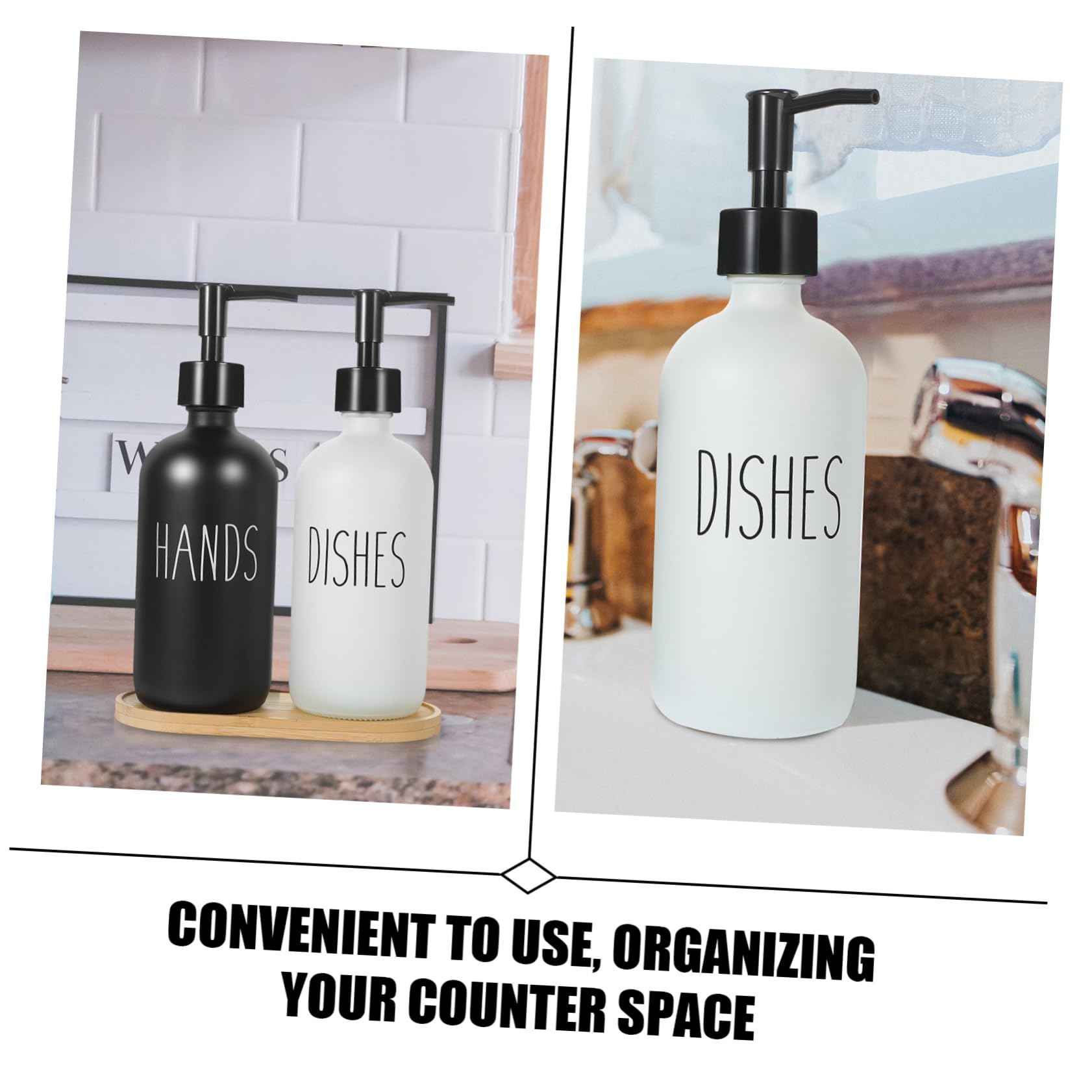 WOONEKY Set di 3 Flaconi Dosatori in Vetro da 500ml con Vassoio in Bambù, Ricaricabili, per Sapone e Lozione, per Bagno e Cucina