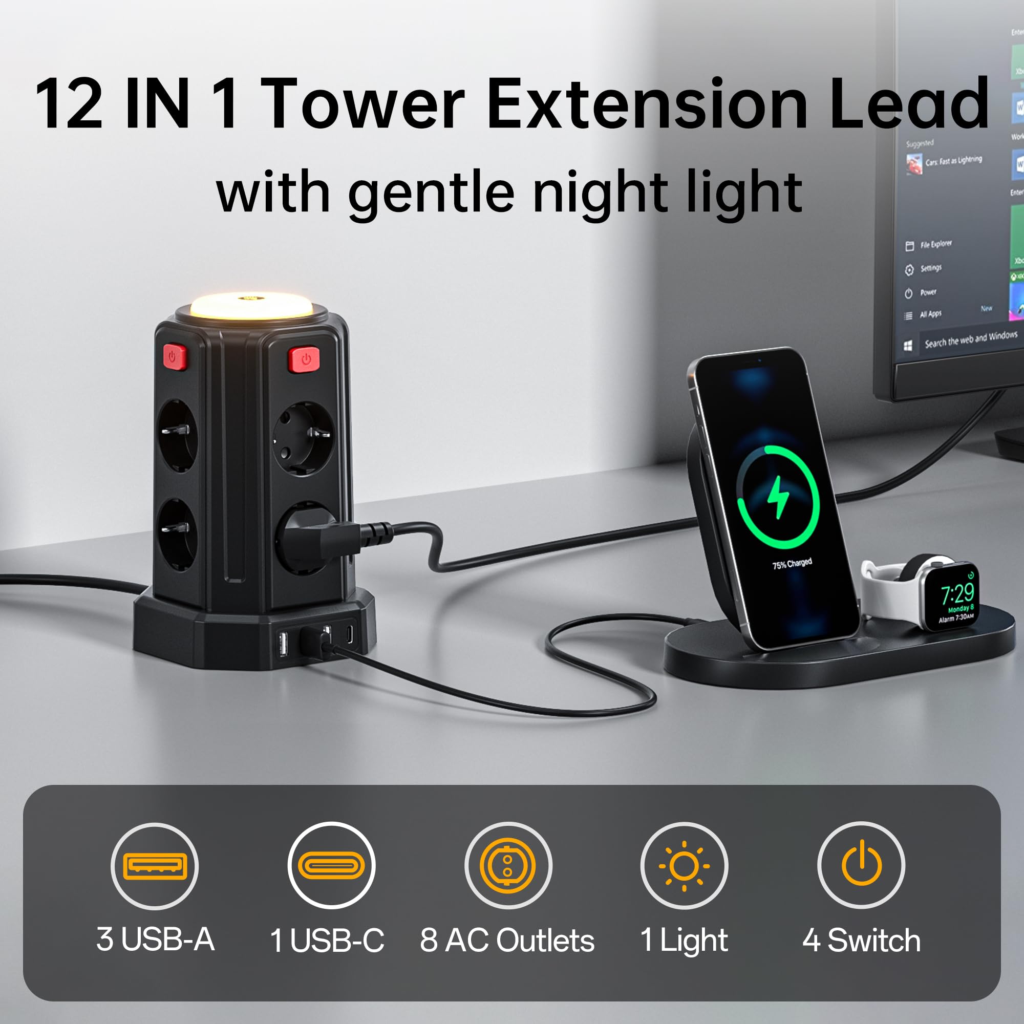 Power Strip (3600W/16A), 2M Power Strip with 8 Sockets and 4 USB Ports, Electric Extension Cable with Switch and Light for Desk, Office, Home