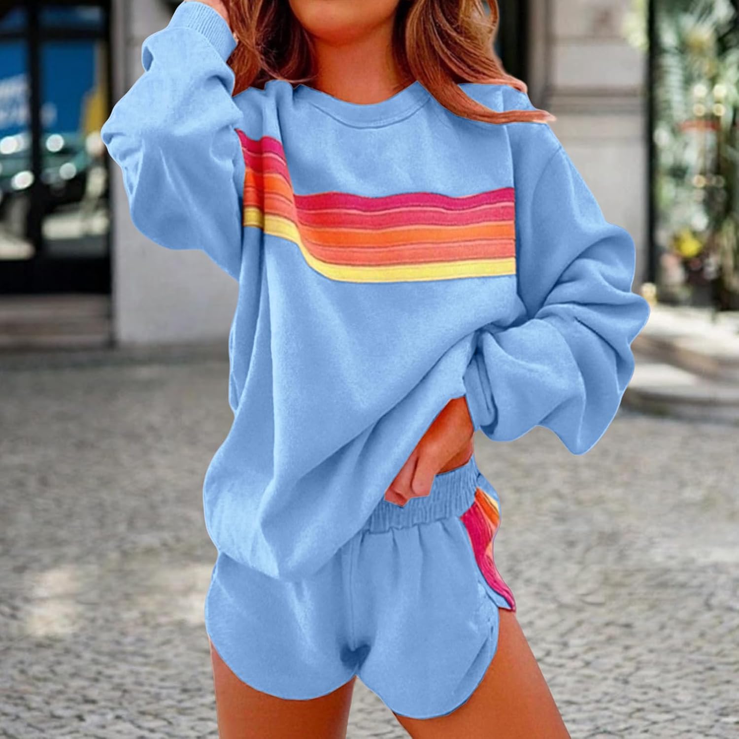 Two Piece Workout Sets for Women Rainbow Striped Sweatshirts High Waist Sweatpant Matching Lounge Set