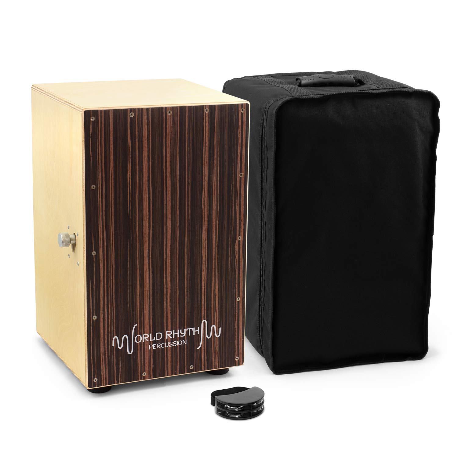 World Rhythm Black Sandalwood Cajon Drum with Adjustable Snare & Foot Tambourine