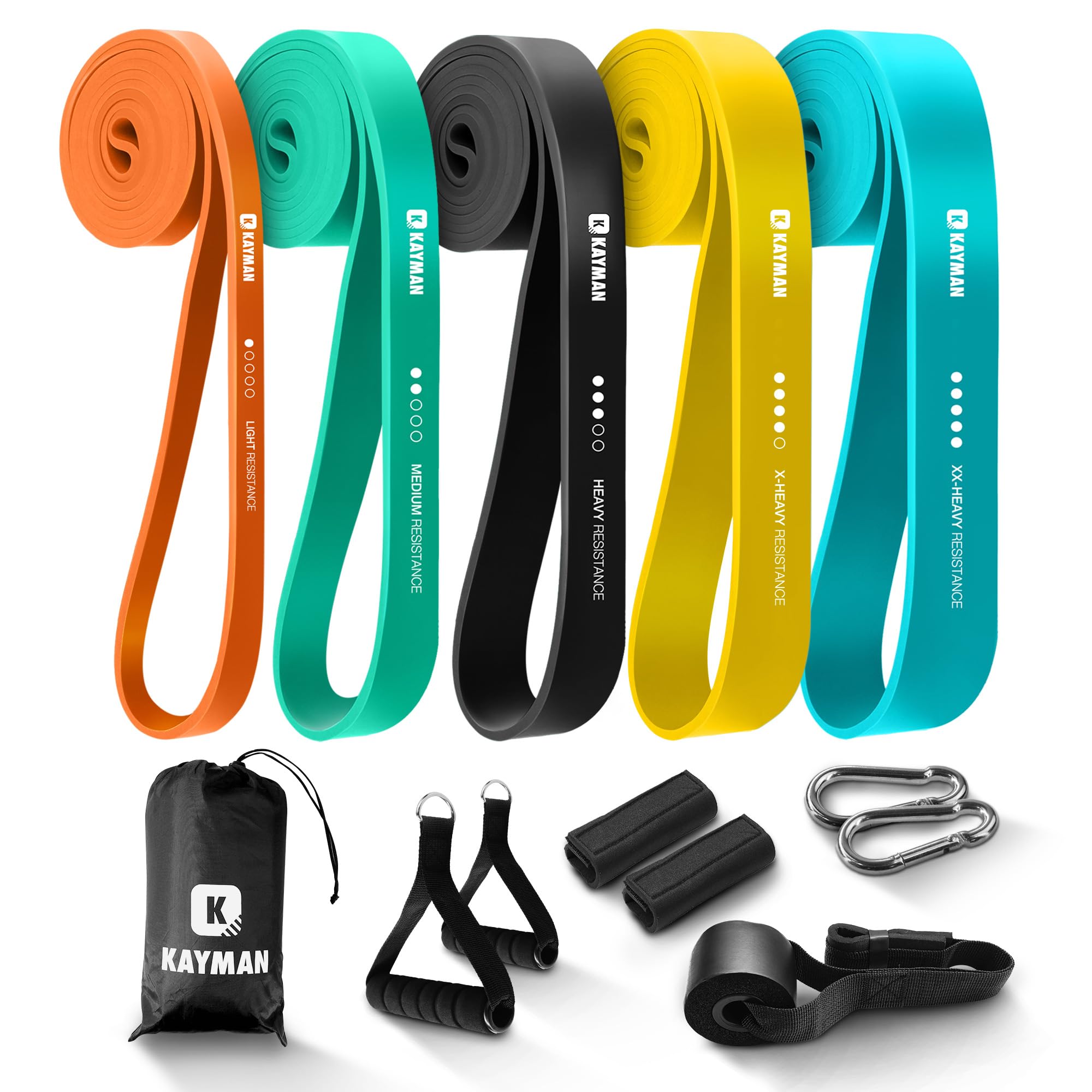 Kayman Long Resistance Bands Set - 5 Pack (5-125lbs) with Door Anchor & Carry Bag – Ideal for Pull-Ups, Yoga, Calisthenics, Strength Training, Stretching,Home Workouts, and Full-Body Fitness Exercises