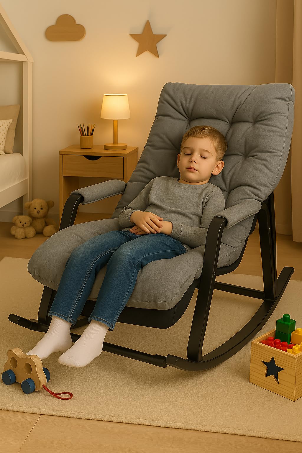 Schaukelstuhl Schaukelstuhl für Kinder 3 Jahre + mit Armlehnen und Seitentasche, Stahlgestell, Fußstütze verstellbar in 5 Höhen, Tragkraft 250 kg, Wohnzimmer, Schlafzimmer, Grau