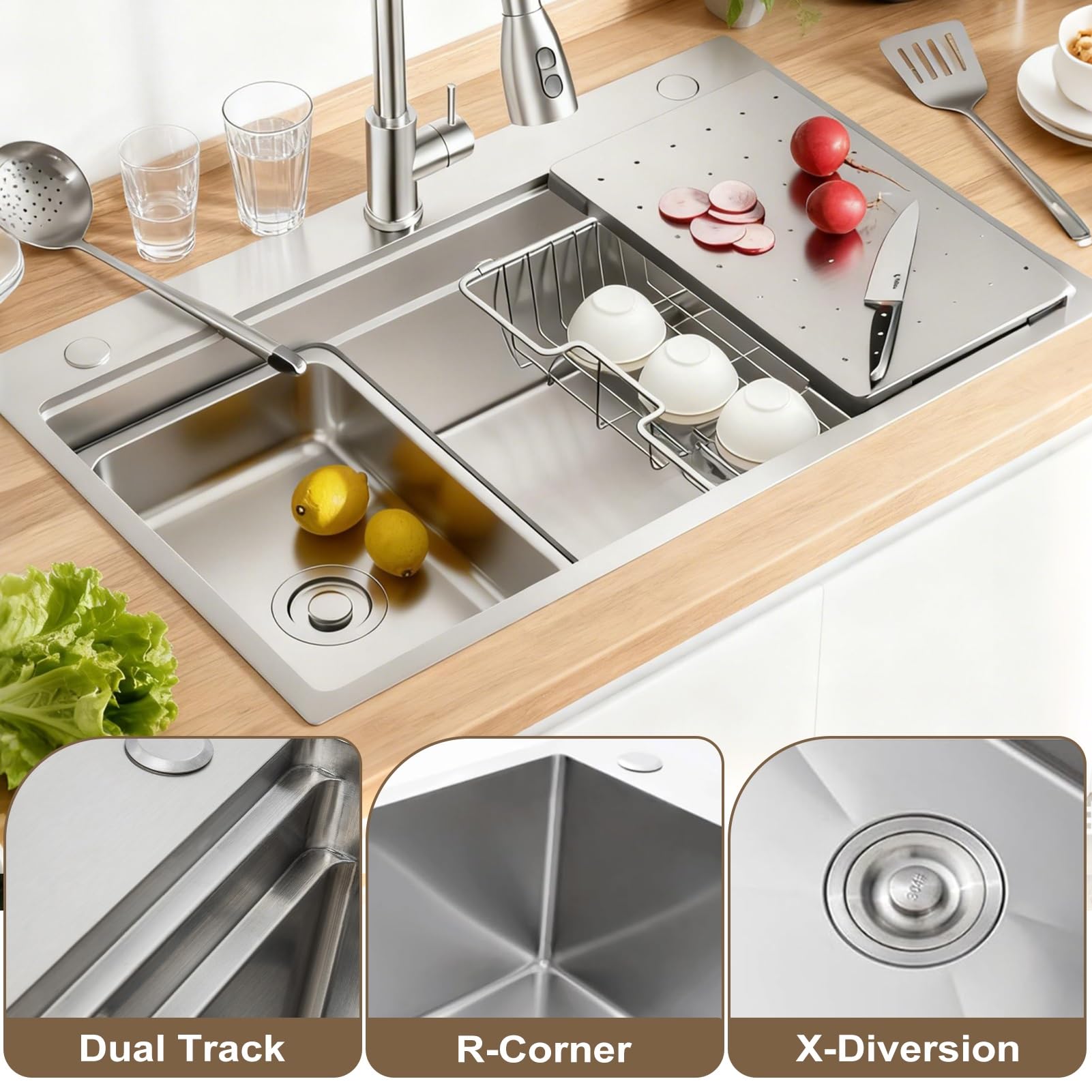 Fregadero de Cocina Profesional 85x50 de Acero Inoxidable con Revestimiento Nano, Seno Único Profundo 22cm, Diseño Artesanal Extra Grande con Colador y Accesorios de Desagüe.