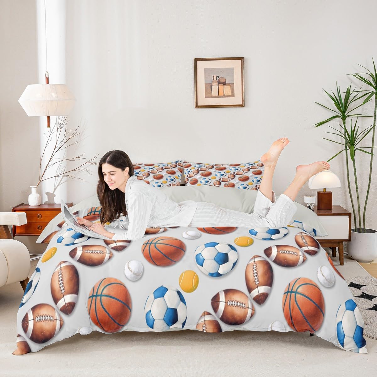 Feelyou Soccer Football Duvet Cover Twin Size Basketball Baseball Softball Sport Theme Bedding Set for Boys Girls Light Gray Comforter Cover Bedroom Decor 2Pcs with 1 Pillowcase (No Comforter)