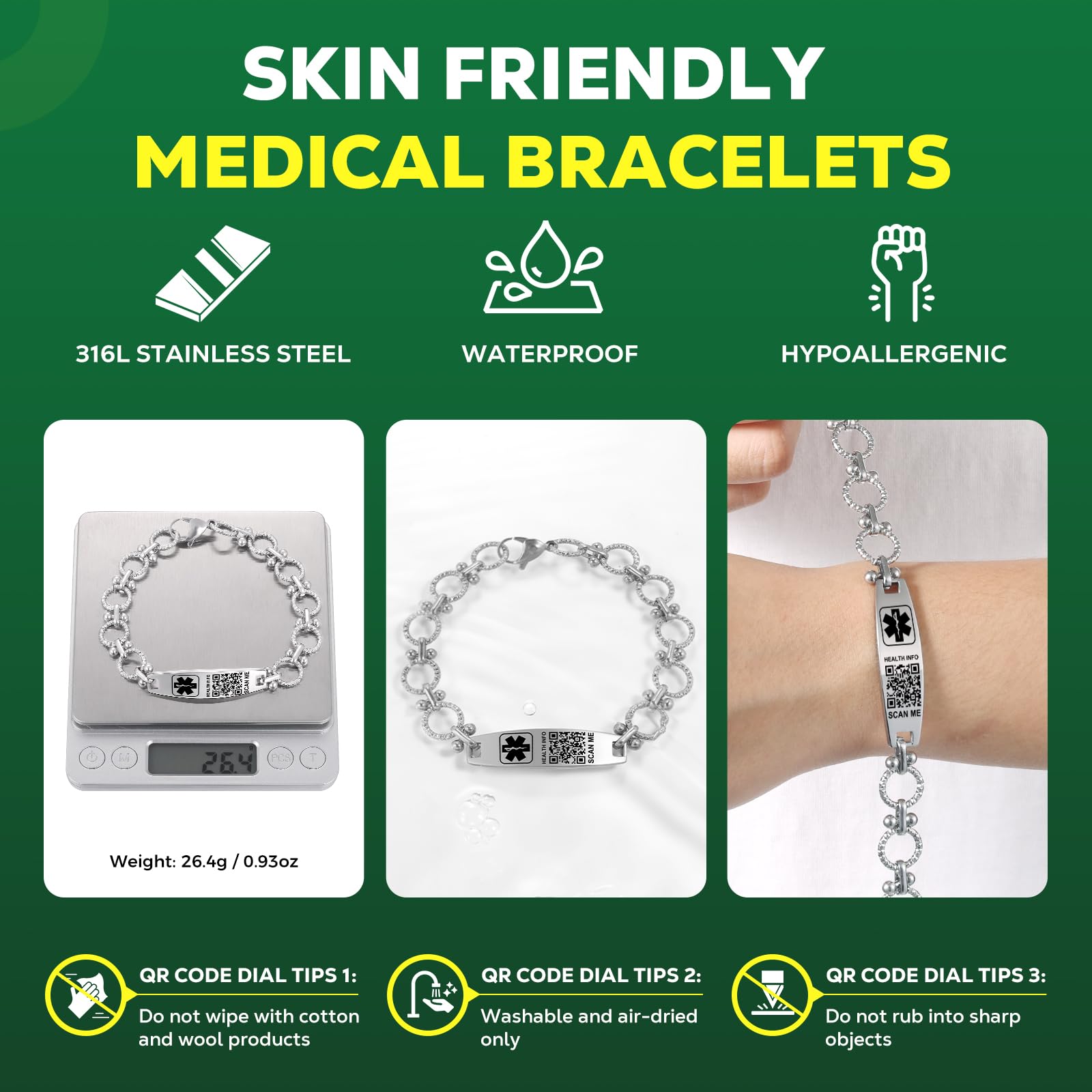 Verbessertes QR-Code-Armband für Damen, medizinisches Notfall-Armband, Sterlingsilber, 17,8 cm ~ 22,9 cm Kettenglieder, mehr Platz sparen und ändern, Notfall-Med-Info