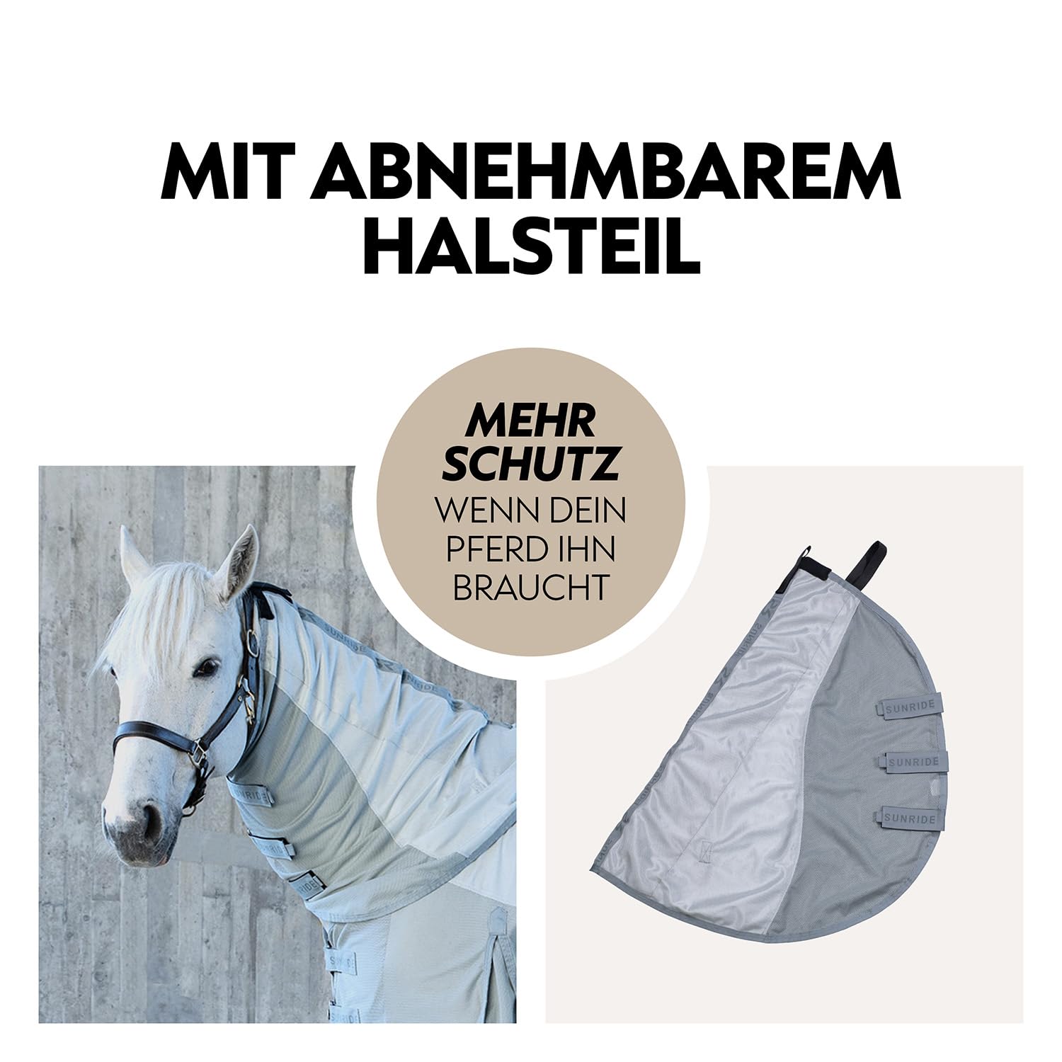 SUNRIDE Fliegendecke für Pferde Ibiza 135 cm grau mit UV-Schutz abnehmbarem Halsteil