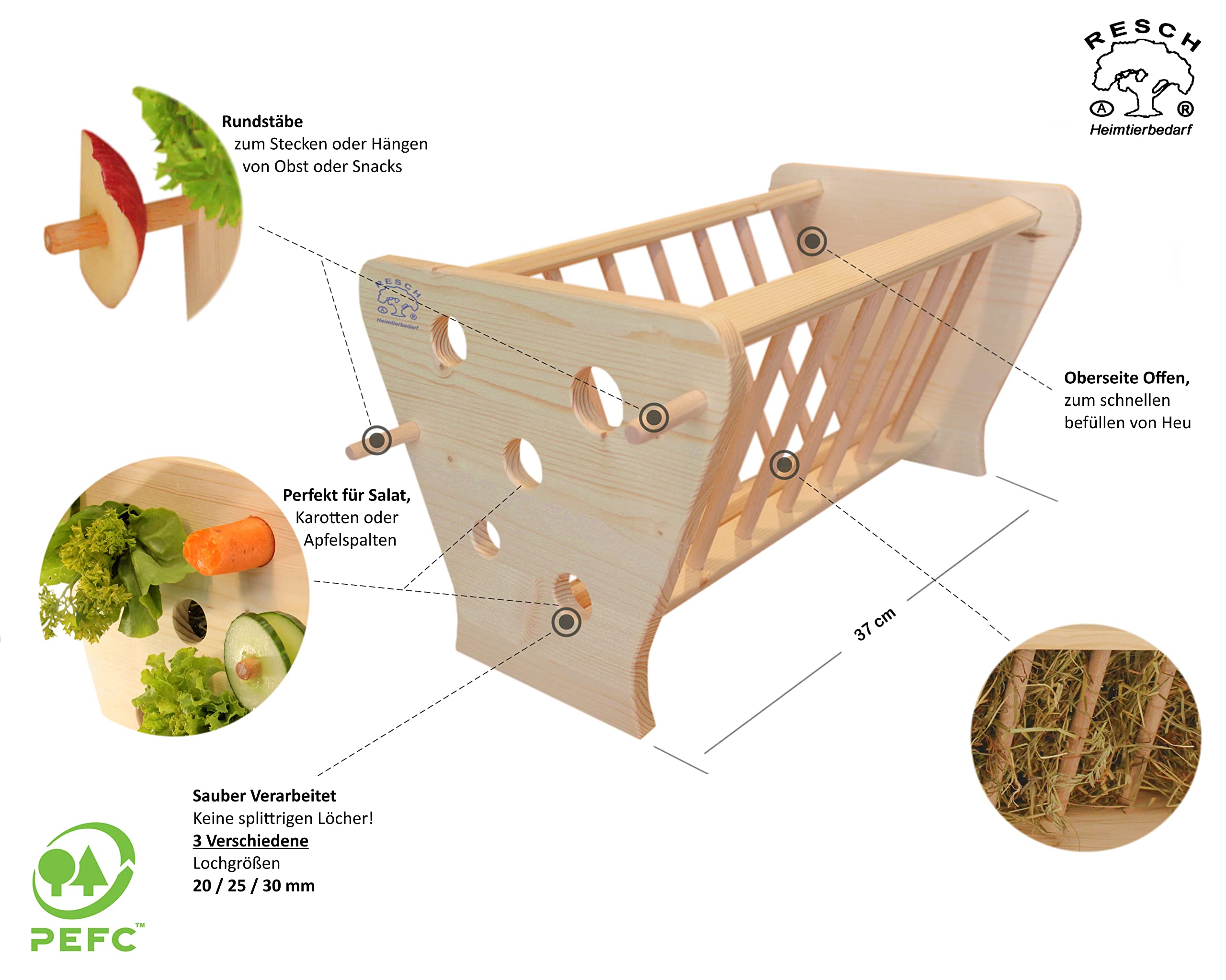 Resch Nr44 Futterkrippe XL, naturbelassenes Massivholz aus Fichte/mit Lochwand und Rundstäbe zum stecken oder hängen von Snacks/Großer Heuraufe von Zwei Seiten zugänglich / 37 x 21,5 x 24cm (LxHxB)