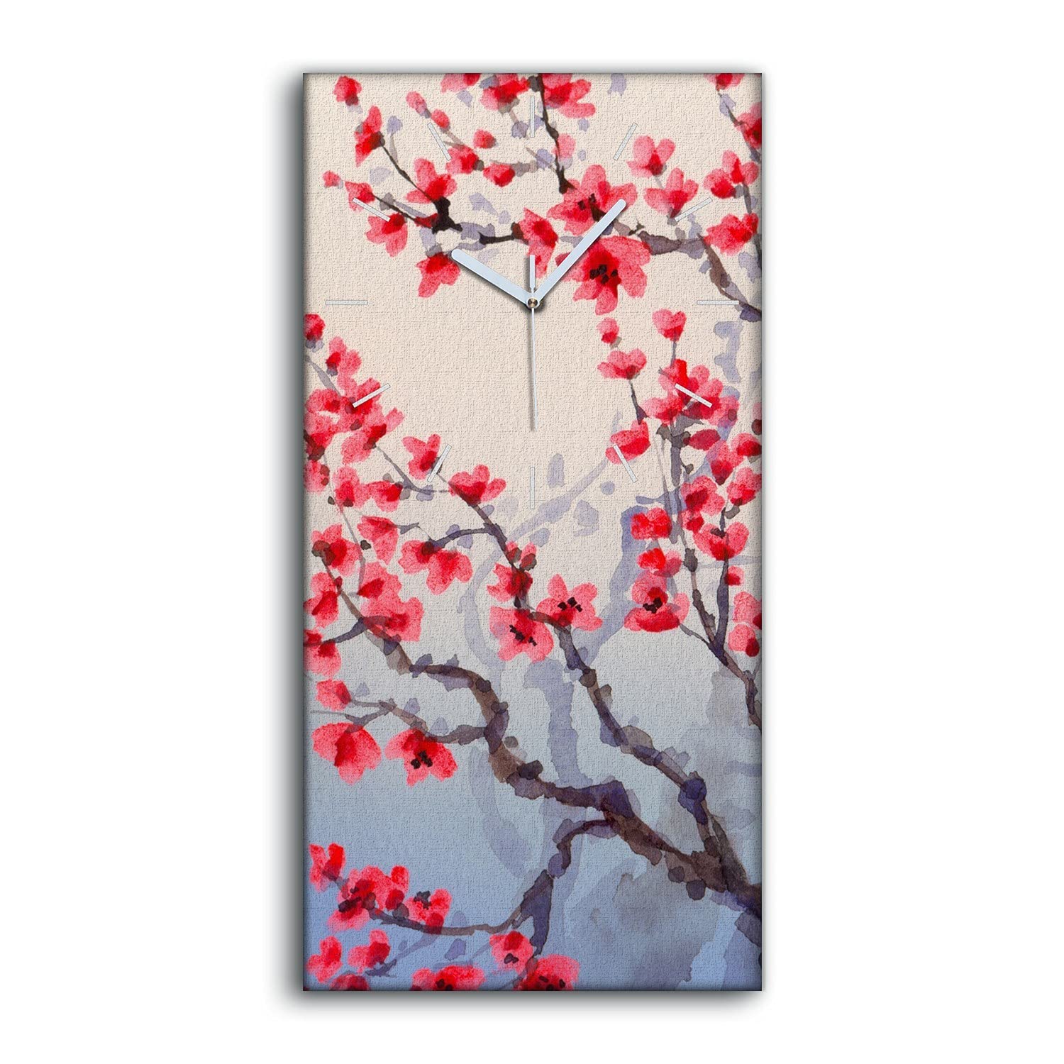 Horloge sur toile 30x60cm arbre en fleurs avec aiguilles blanches muette pour salon