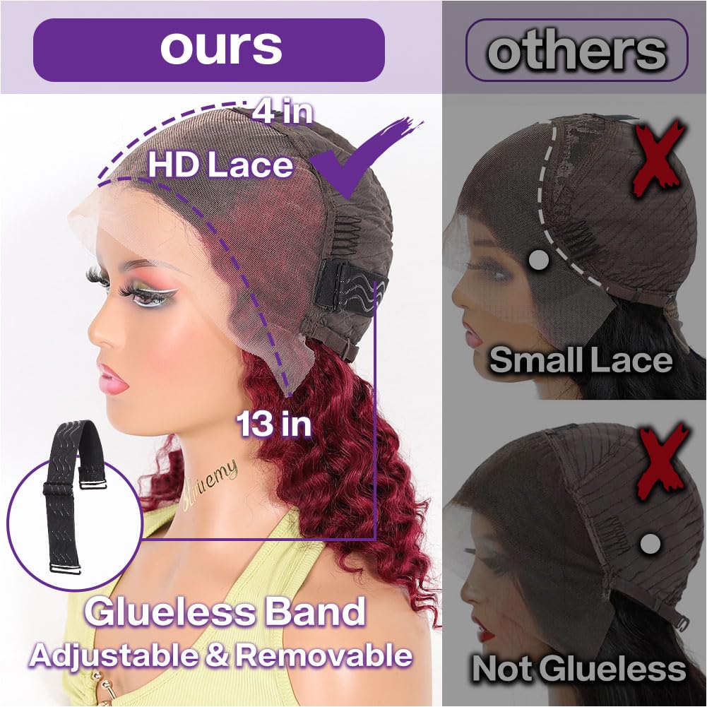 Ombre 1B/99J Burgundy Deep Wave BOB Lace Front Wigs Human Hair For Black Women Wear And Go Glueless 14 Inch Ombre Black And Red Colored 13x4 HD Short Curly Frontal BOB Wigs Human Hair